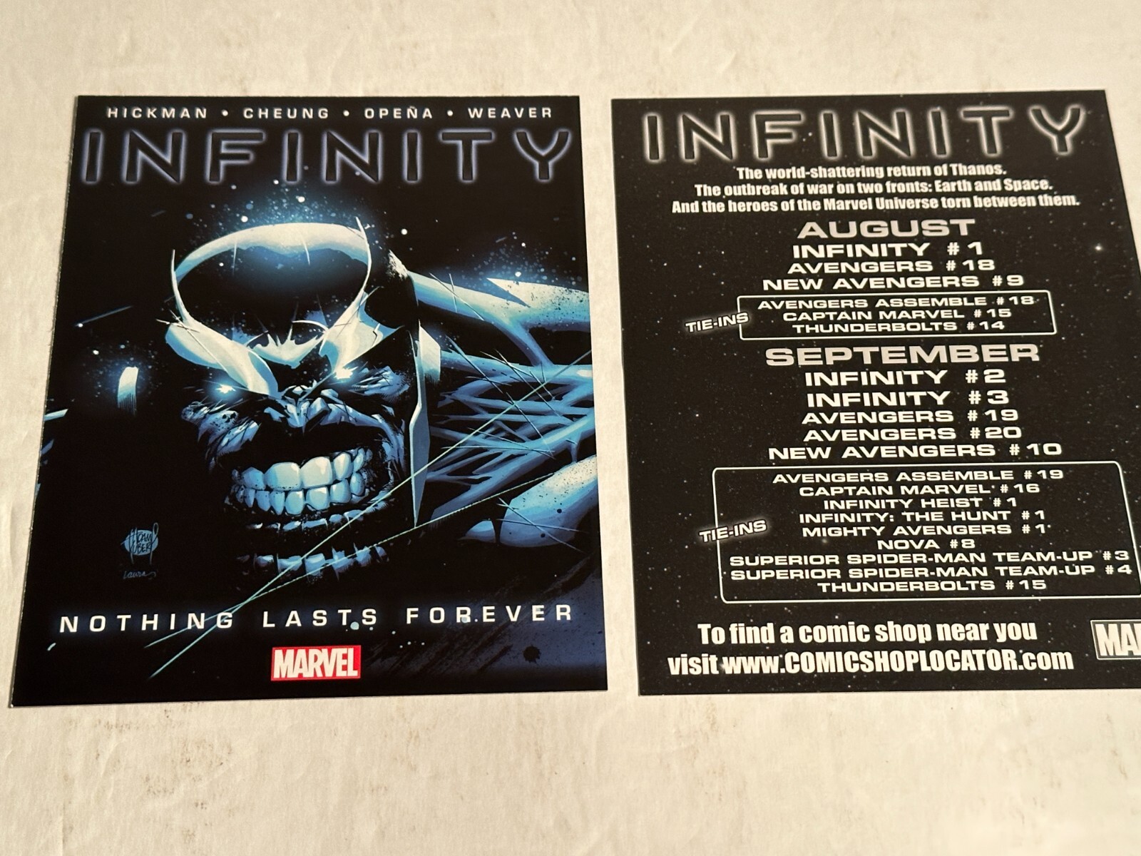 INFINITY Marvel lot of 2 promo postcards Comic Con 2013 SDCC The Avengers