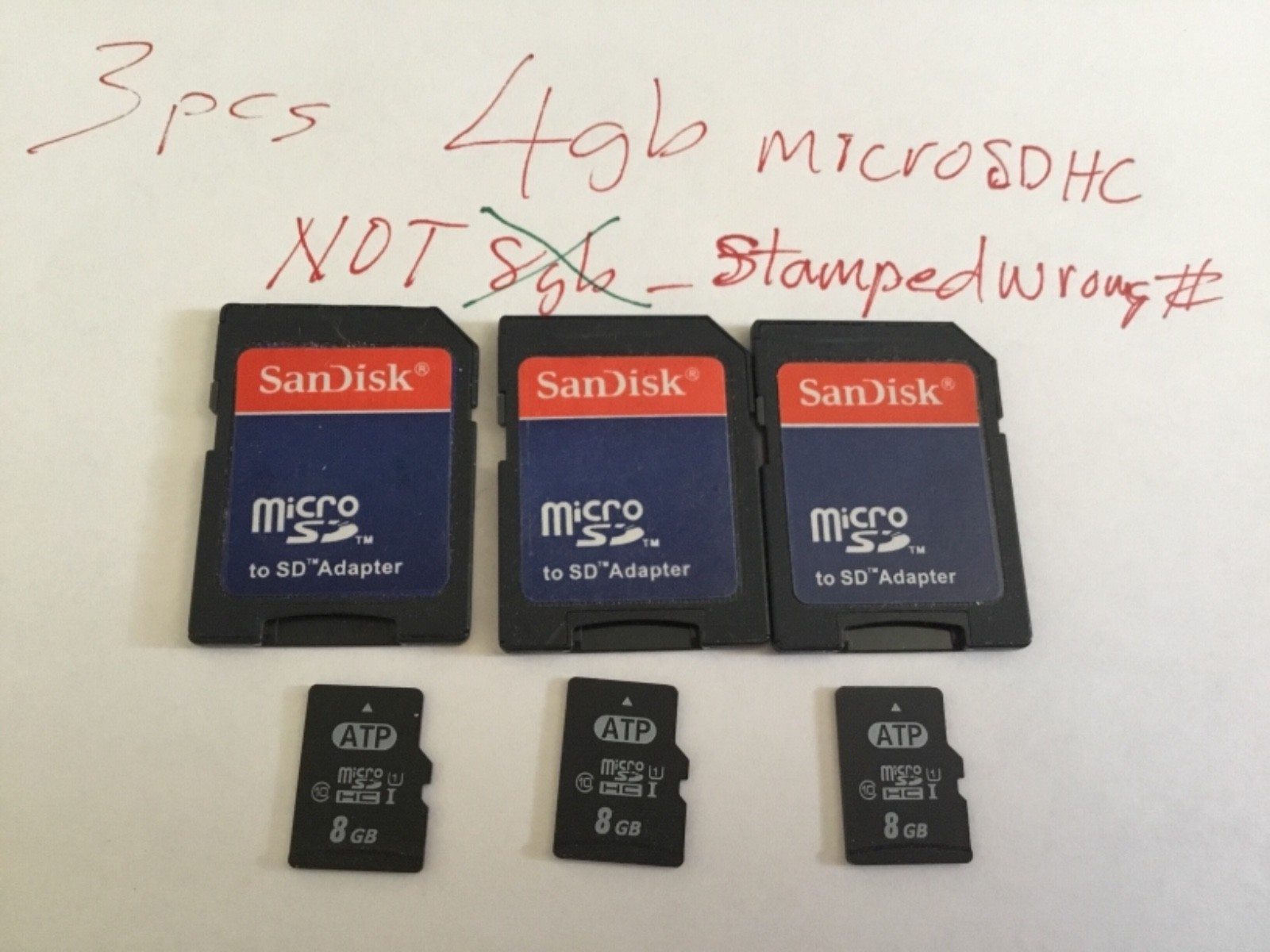 Lot of 3pcs 4gb ATP micro SDHC stamp wrong # MEMORY CARD + SanDisk ADAPTER