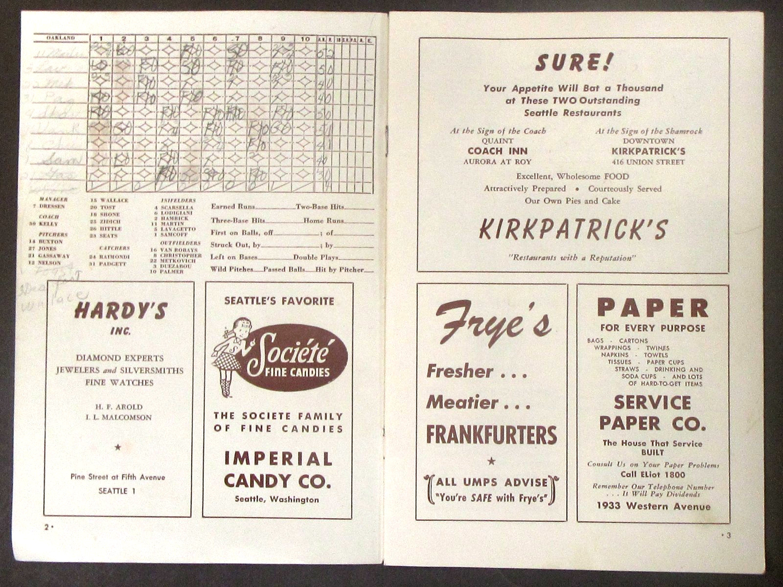 1949 OAKLAND OAKS at SEATTLE RAINIERS Thomas Neill Program PCL baseball ev1