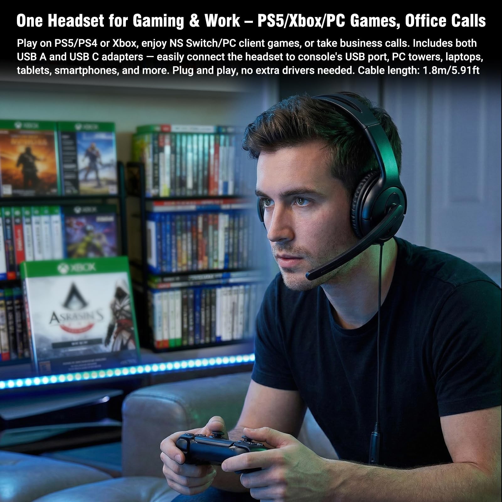 Wired Ear Headset with Mic, Single Ear Headset for PS5/PS4/Xbox/Switch/PC/iPa...