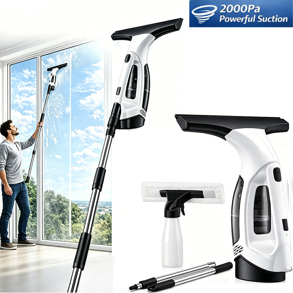 Window Vacuum Squeegee Cordless with Extension Pole,Electric Window Cleaner Tool