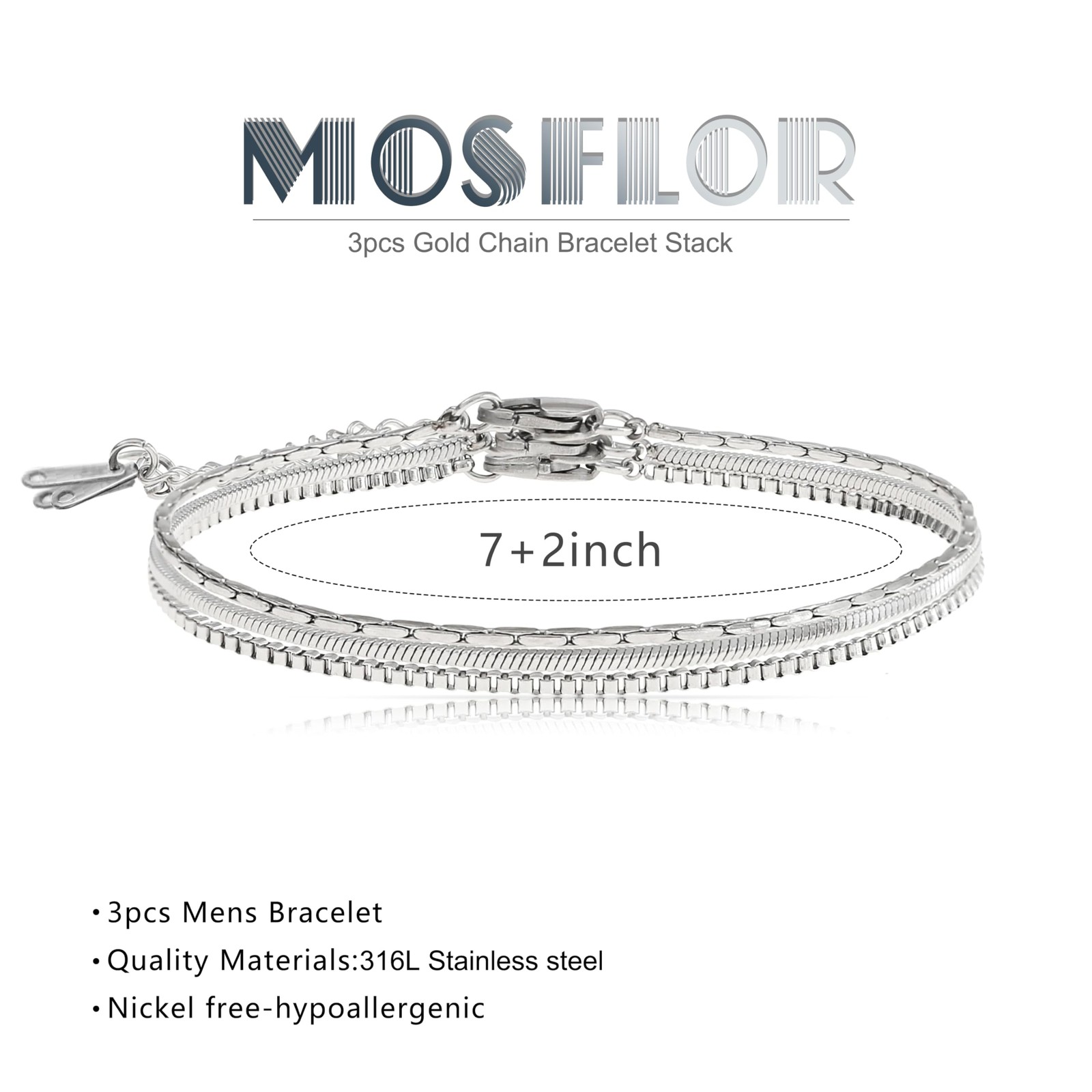 Silver Bracelet for Men - 3 Pcs Mens Stack 14K 7+2 Inch,