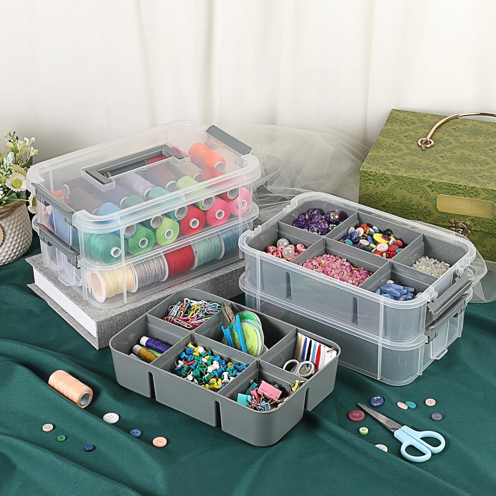4-Tier Stackable Plastic Storage Bins with Lids & Handle - Clear Organizer for C
