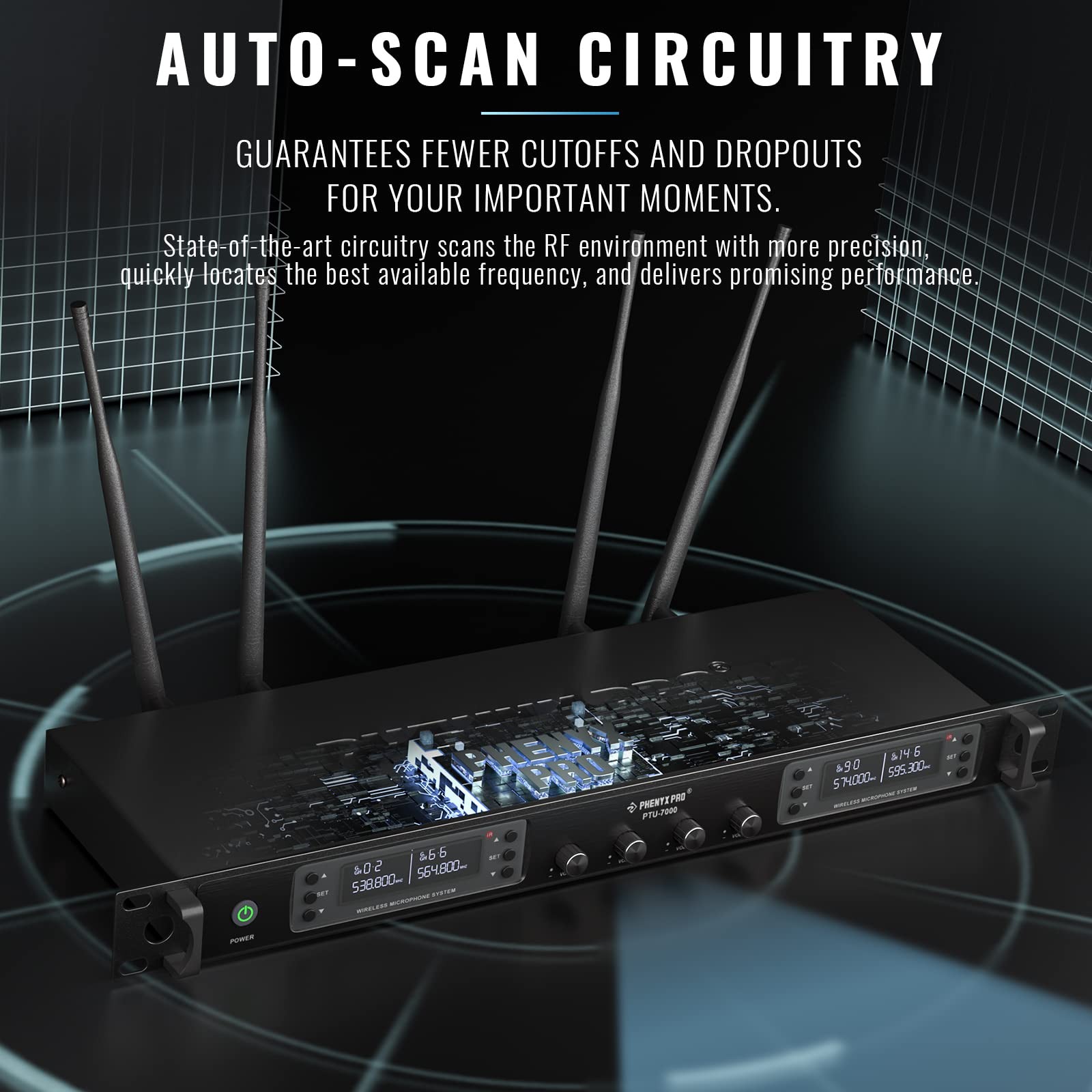 Phenyx Pro Wireless Microphone System, Quad Channel PTU-7000-4H, Black