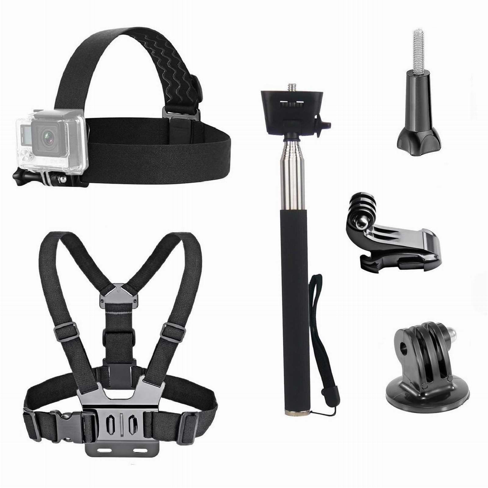 3 in 1 Action Camera Accessories Kit-Head Strap Mount Chest Harness Selfie stick