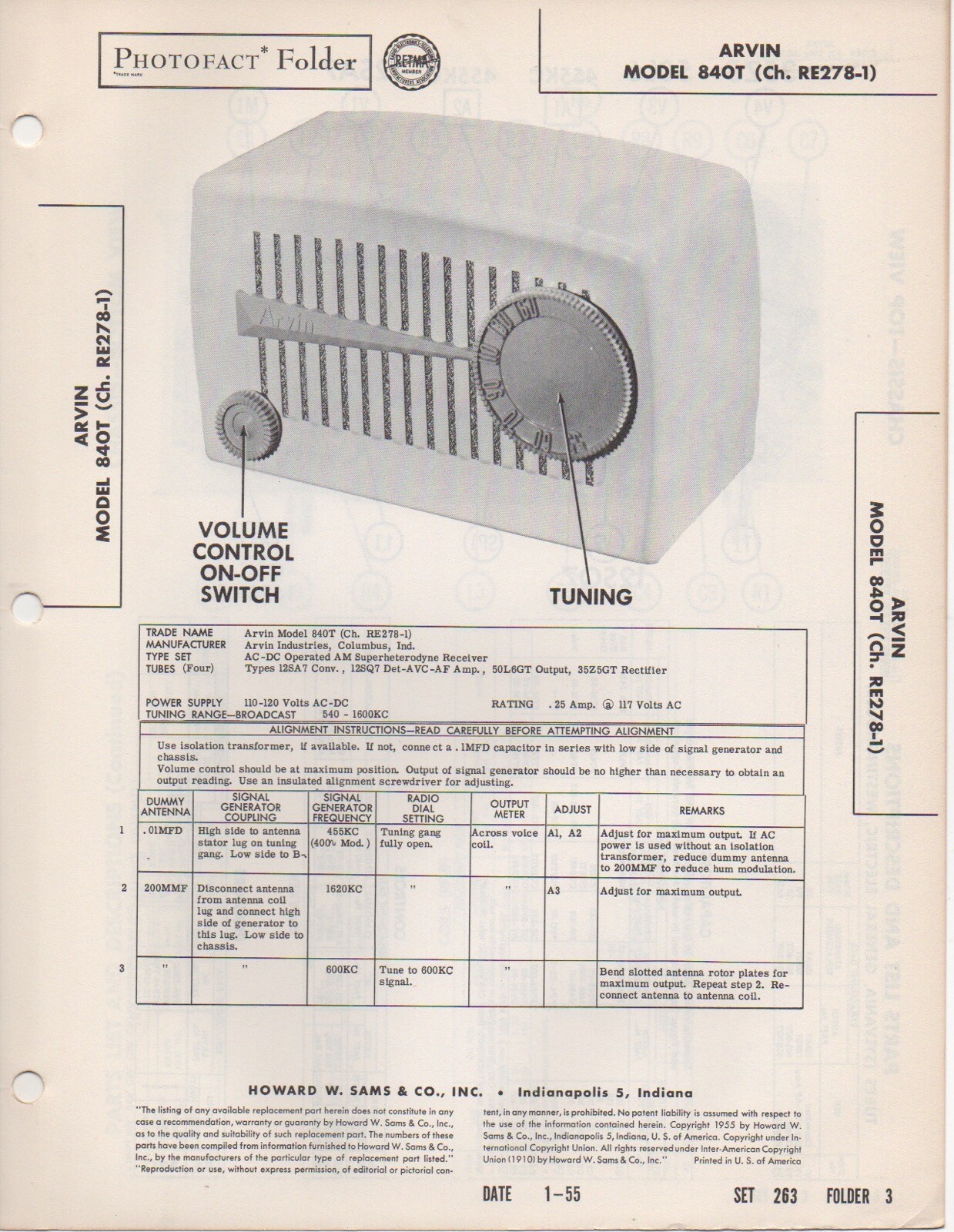 1955 ARVIN 840T RADIO SERVICE MANUAL PHOTOFACT SCHEMATIC DIAGRAM REPAIR FIX