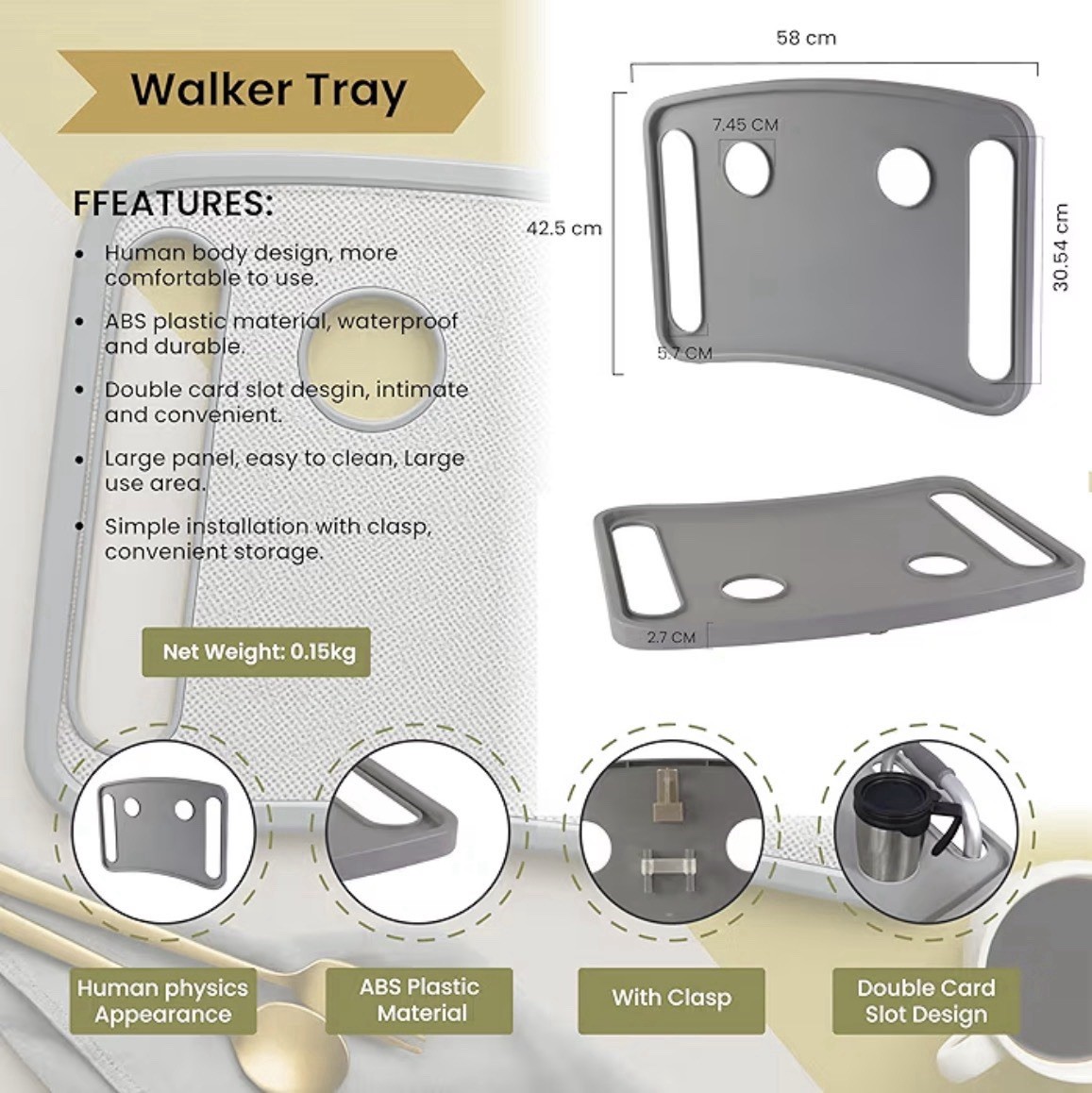 Pearze®️ Walker Tray for Rolling Folding Walker with Cup Holders ~ Nonslip Mat