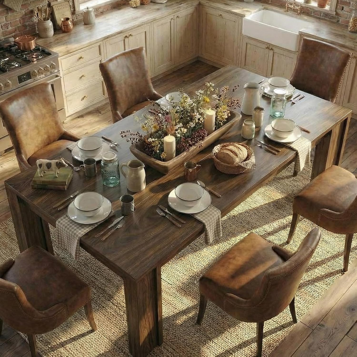 71" Long Dining Table for 6-8, Farmhouse Rectangular Wood Kitchen Table with Wid