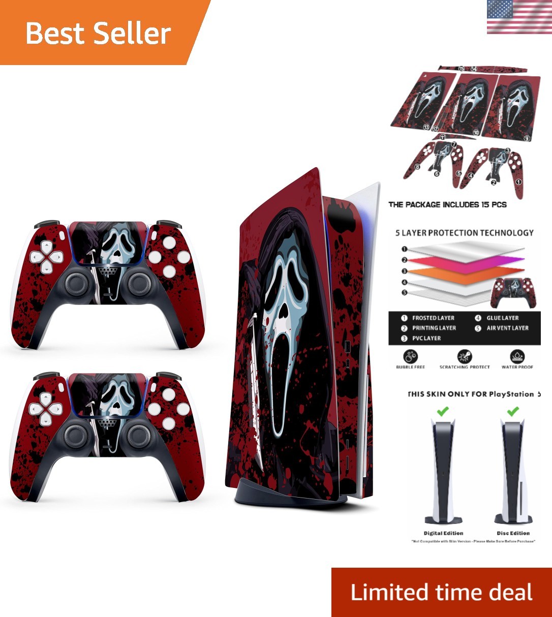 Horror-Themed PS5 Skin Cover with 2 Controller Skins – Waterproof & Removable