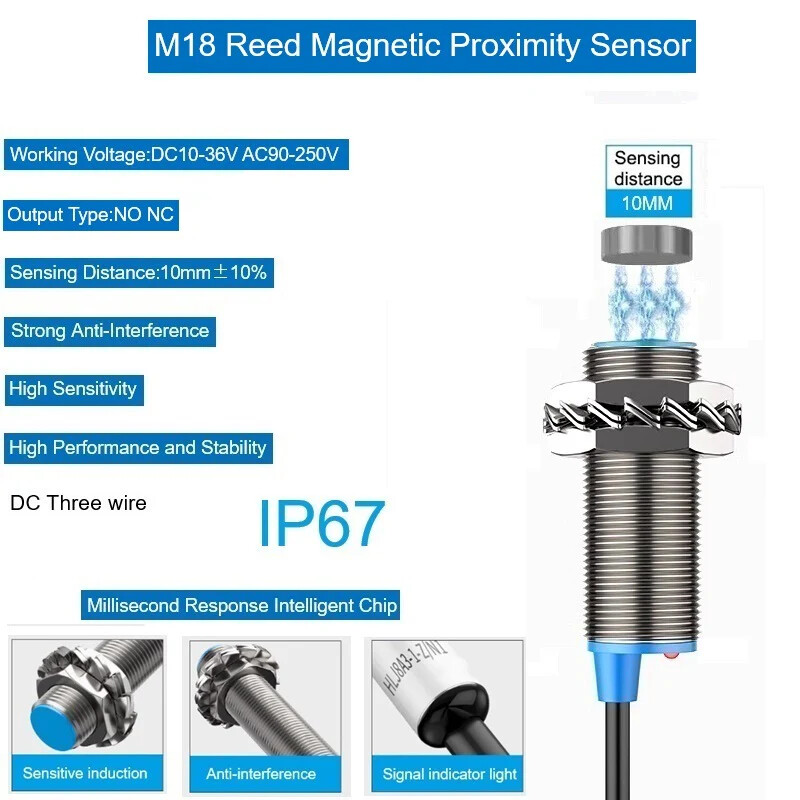 M18 Reed Magnetic Proximity Sensor DC 2-Wires NO NC Hall Effect Reed Sensor