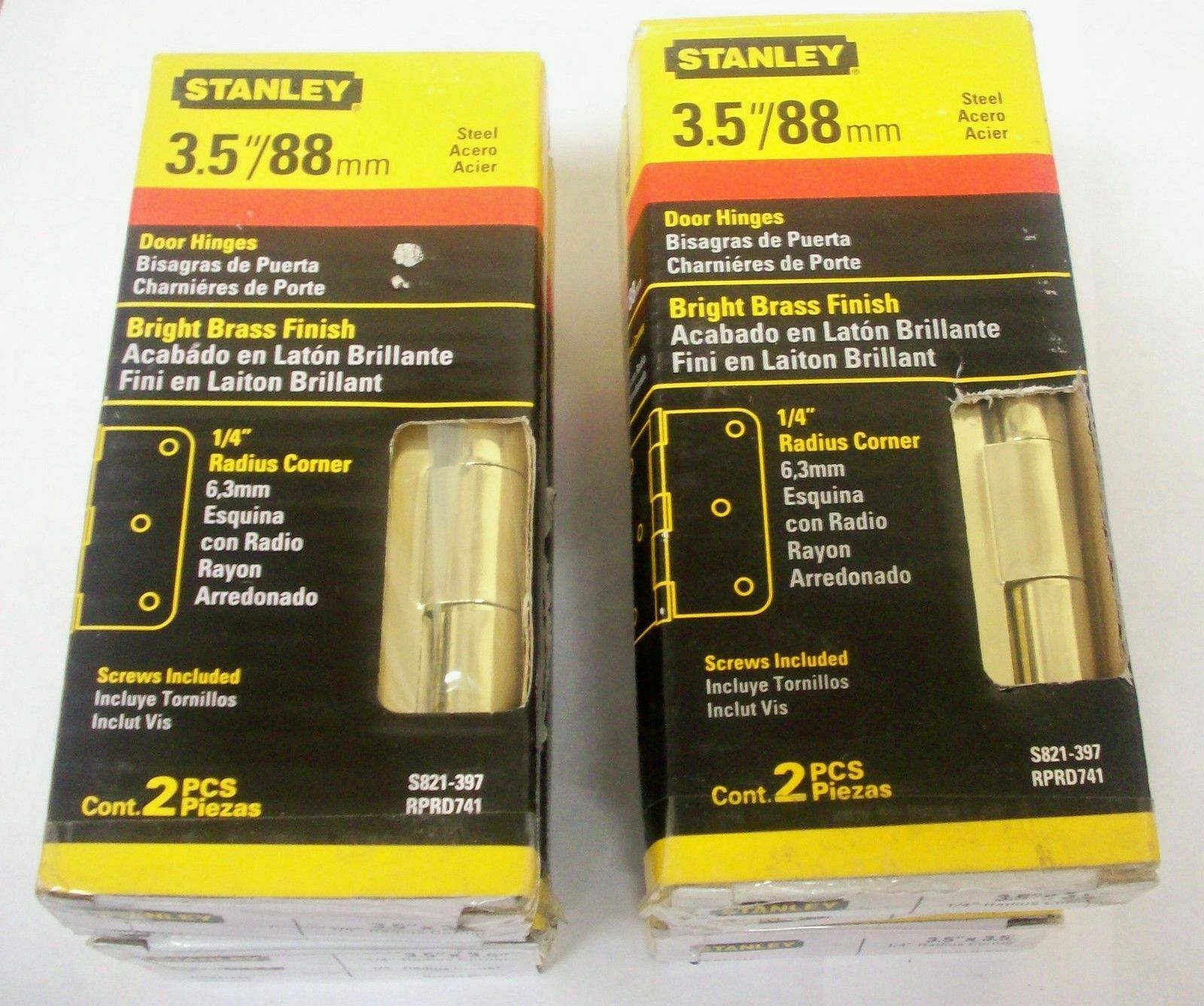 6 Pieces Stanley Hardware 3.5" Round Corners Bright Brass Door Hinges S821-397