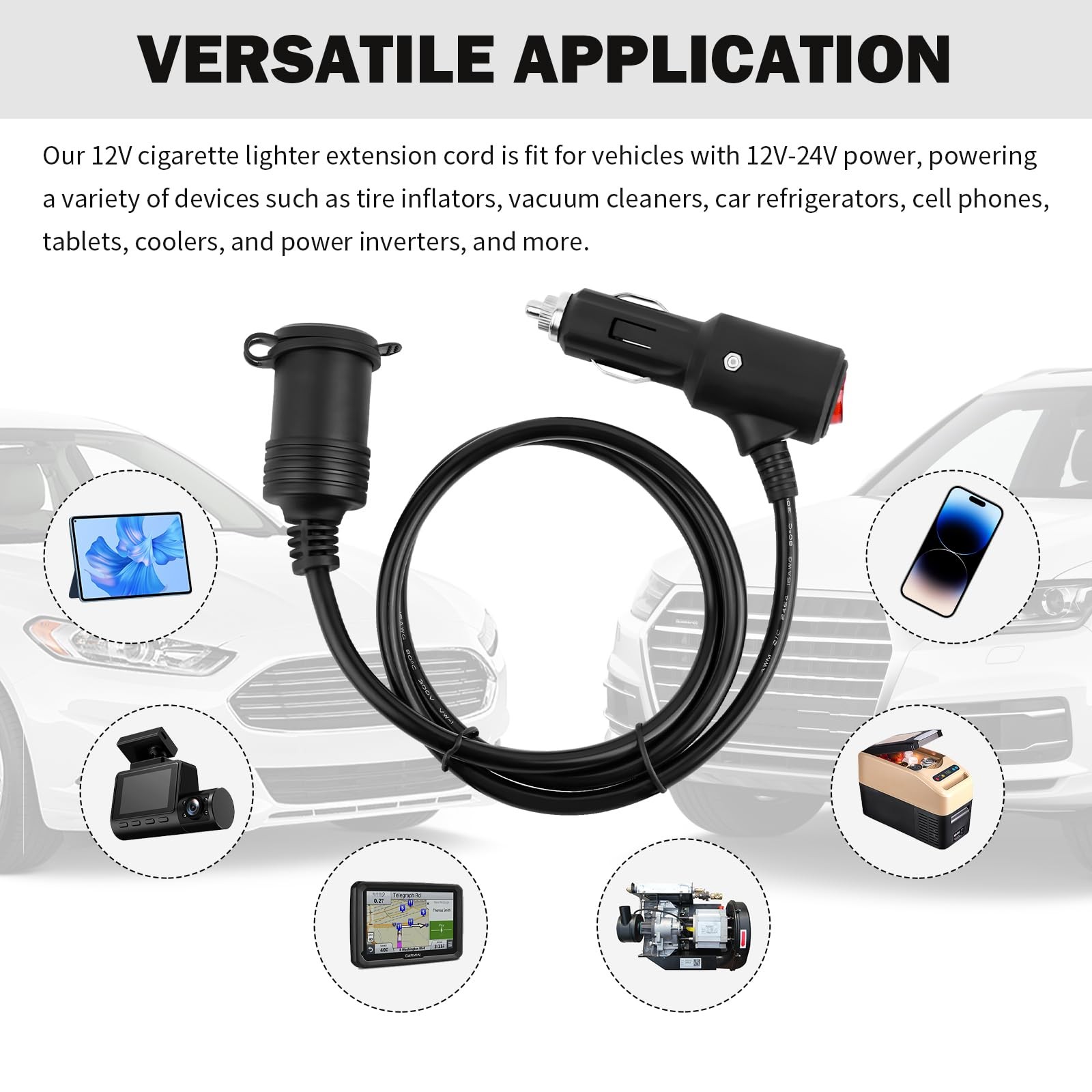 3Ft Cigarette Lighter Extension Cord,16 2.95 feet*1.93 inch*1.15 inch, black