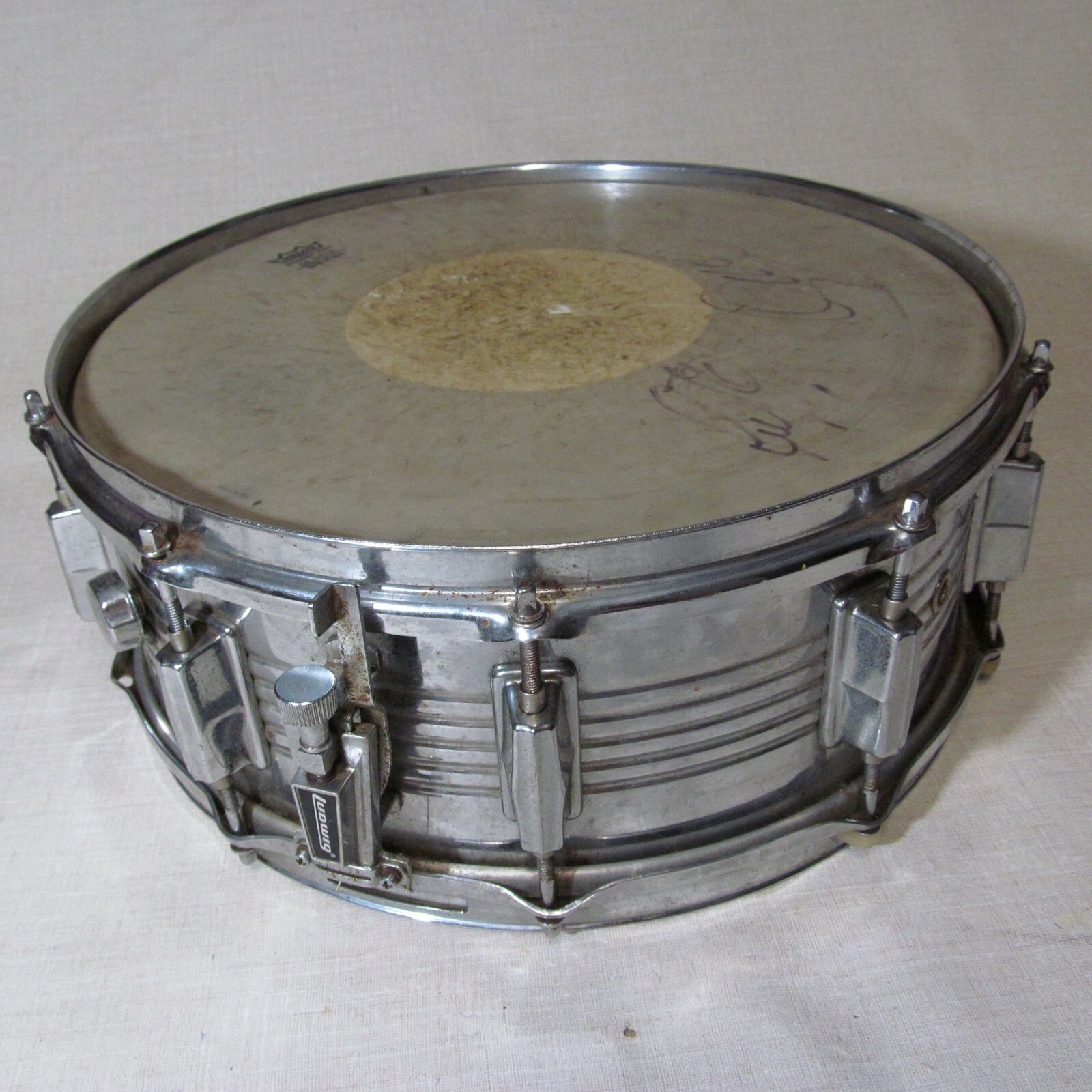 VINTAGE CHROME SNARE 14” X 6” SIGNED WITH PEARL LUDWIG AND OTHER HARDWARE PARTS