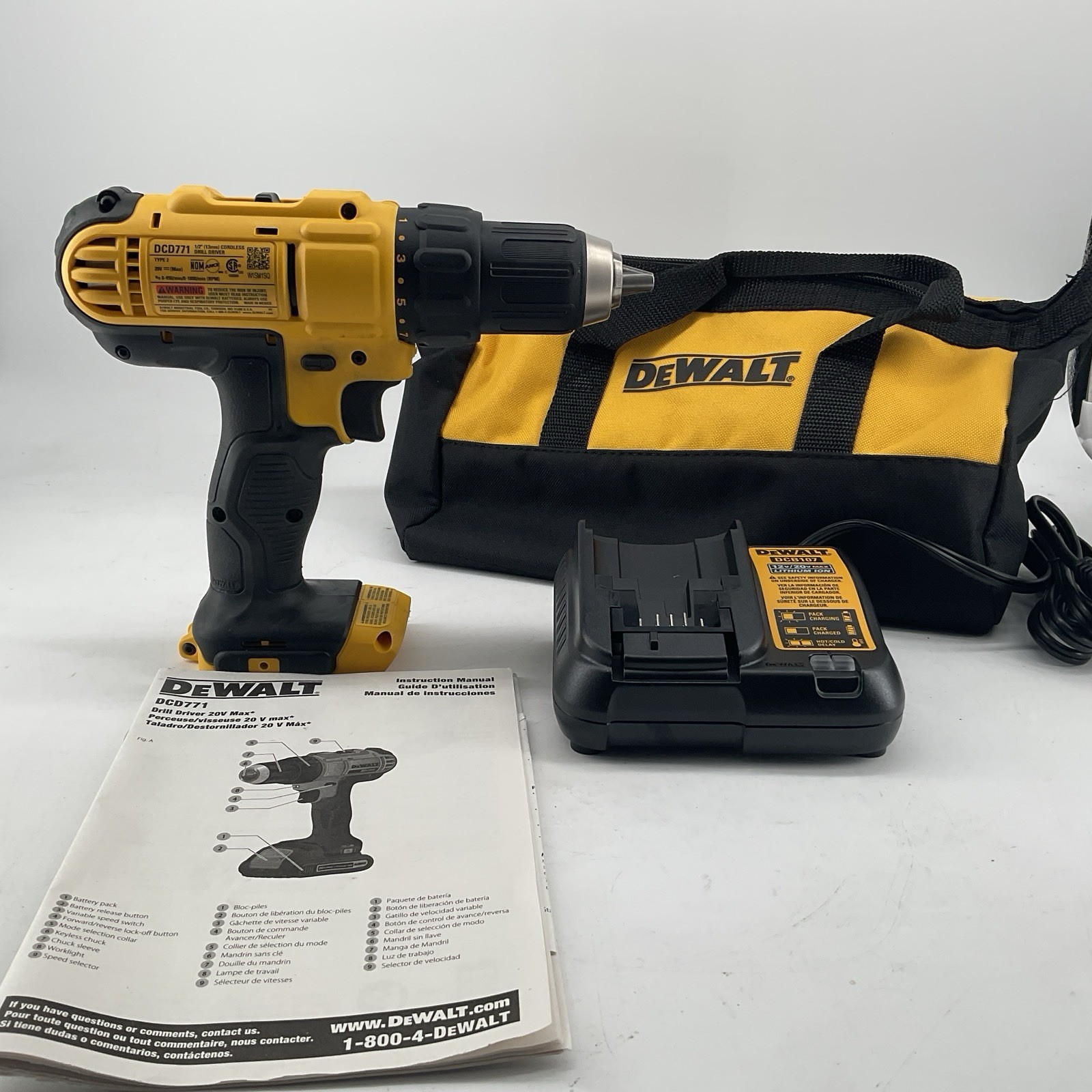 DeWalt Tools DCD771 1/2"(13mm) 20V Drill Driver + Charger & Bag (A790)