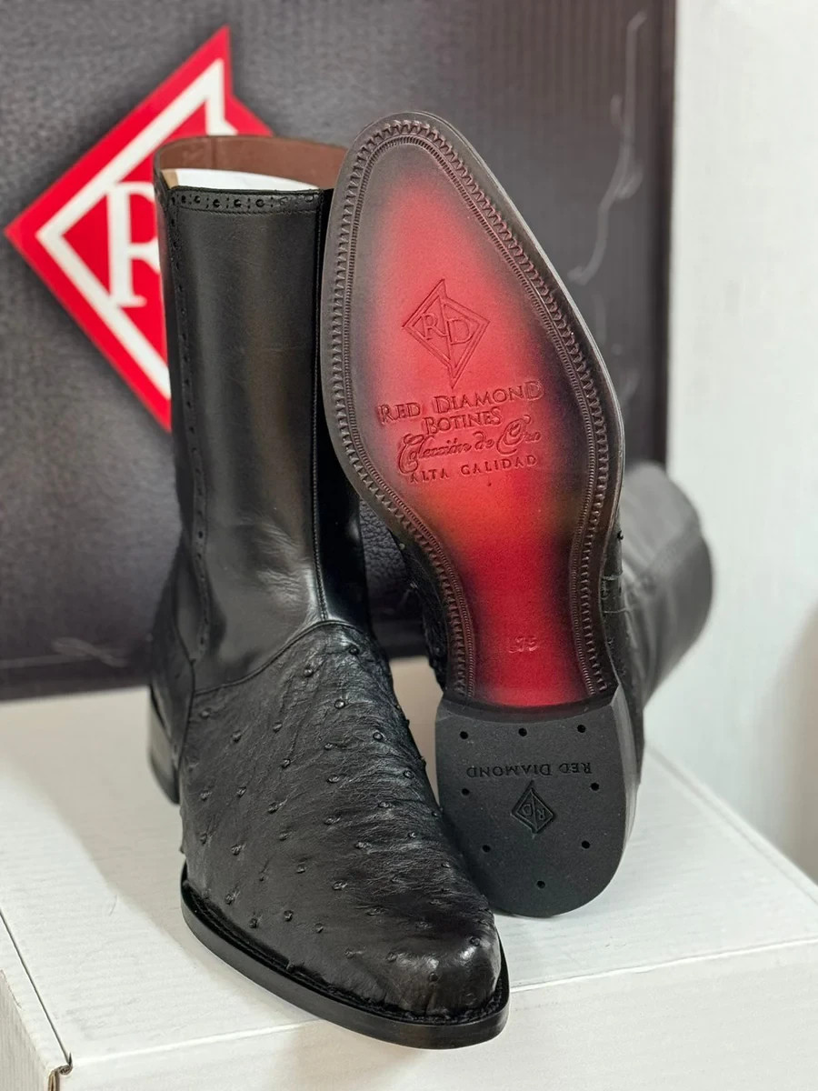 Genuine Exotic Full Quill Ostrich Skin Round Toe Western Boots w/  Zipper- Black