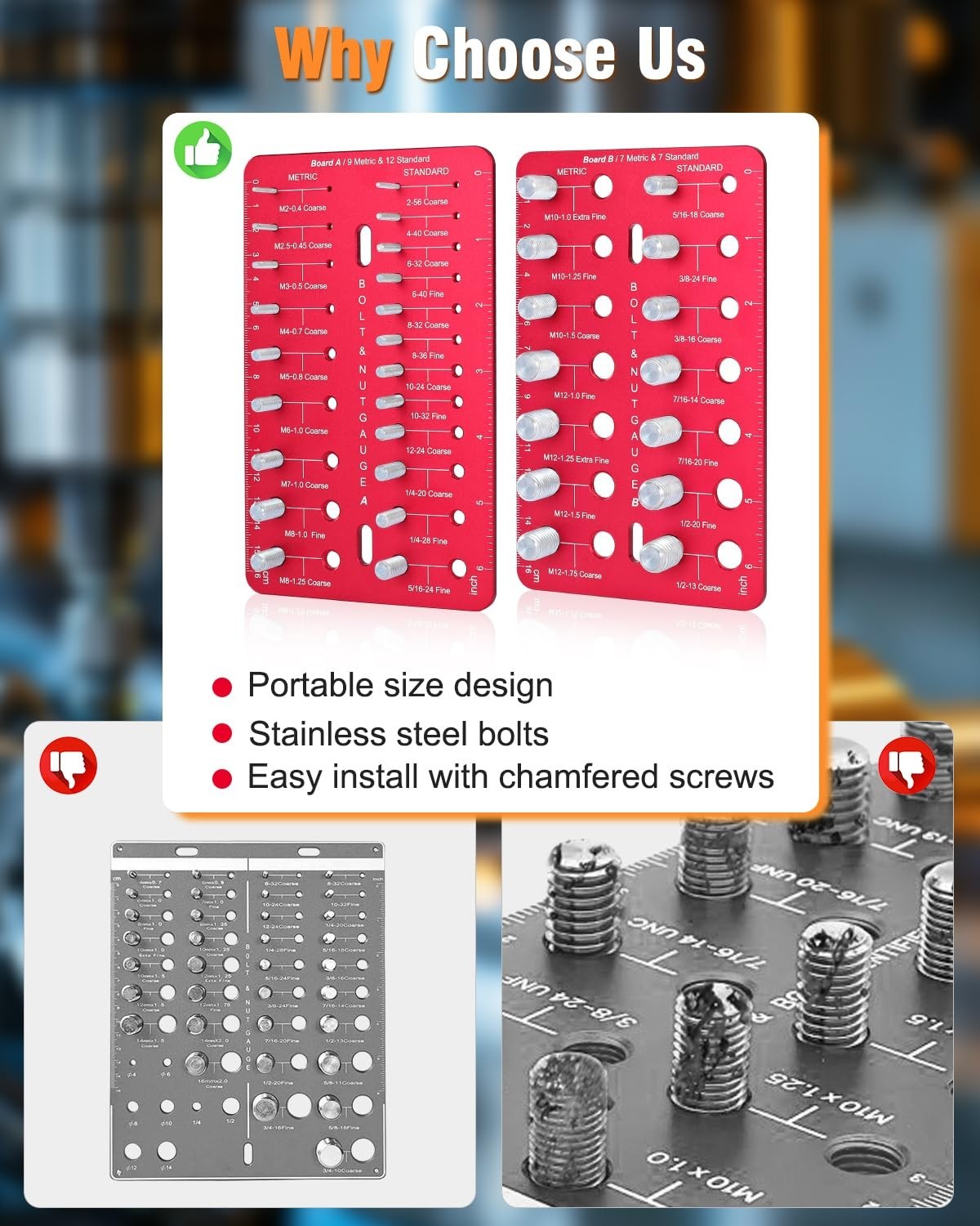 Thread Checker, Nut and Bolt Thread Checker with 19 Standard and 16 Metric Sizes
