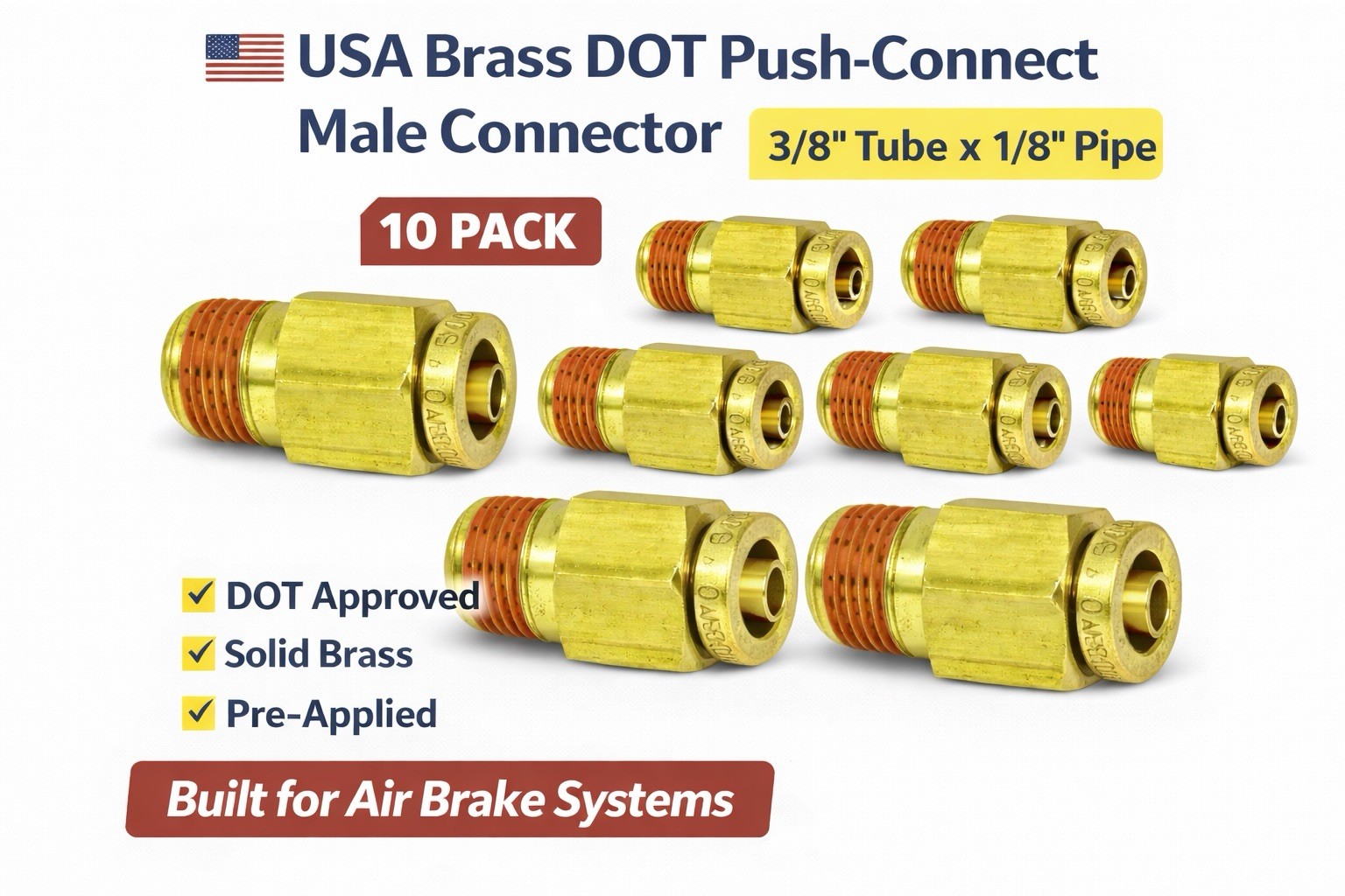 3/8 Tube X 1/8 Pipe thread Brass Dot Push Connect Male Connector-10 Pack
