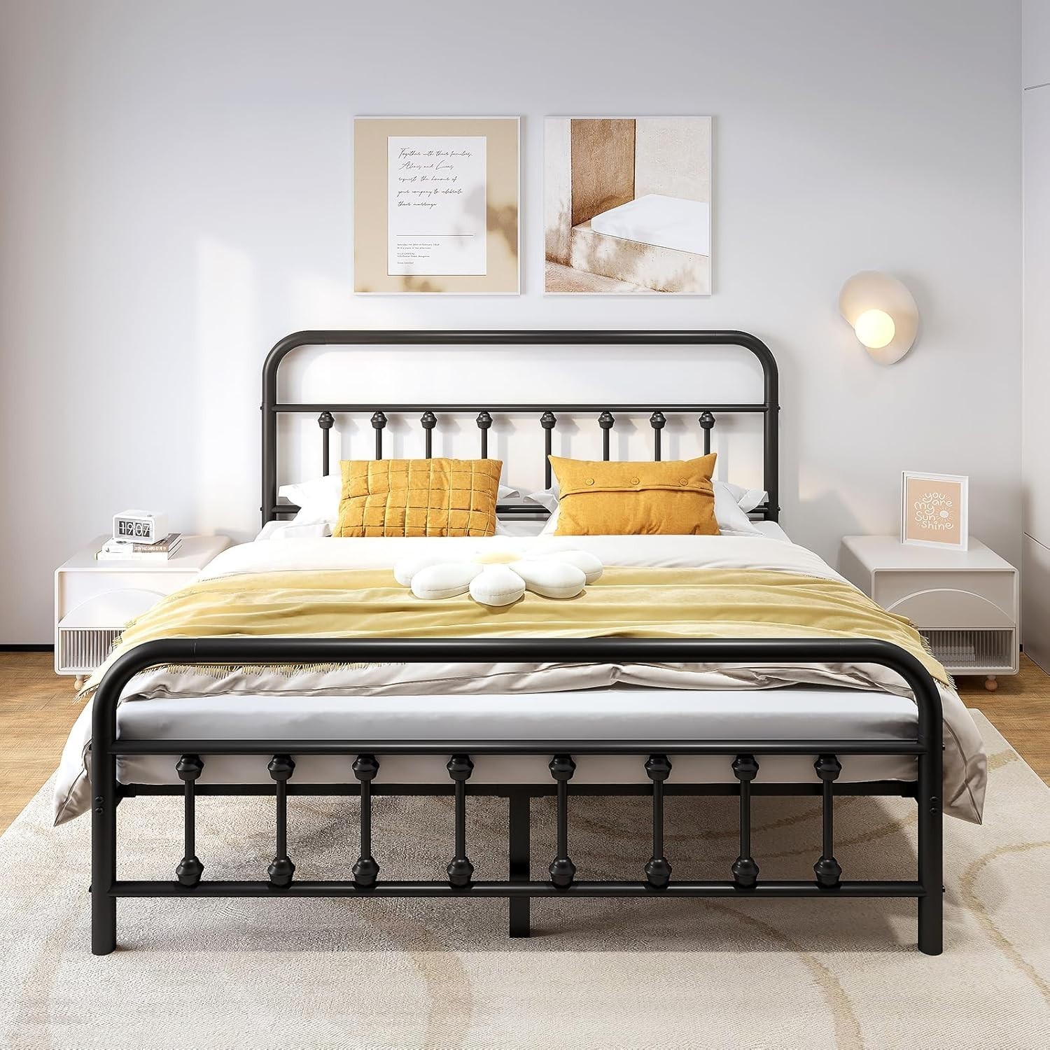 Bed Frame, Metal Platform Bed with Victorian Style Iron-Art Queen Black