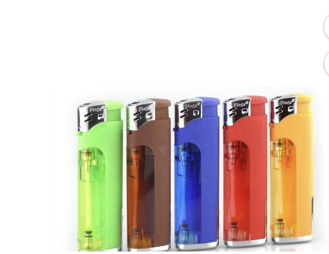 10 Pack 5-Flags Refillable Butane Lighter Ass. Colors White LED #80-82LED-W