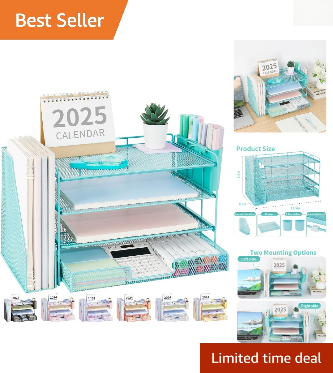 Elegant 4-Tier Teal Desk Organizer with Drawer & Pen Holders for Office Supplies