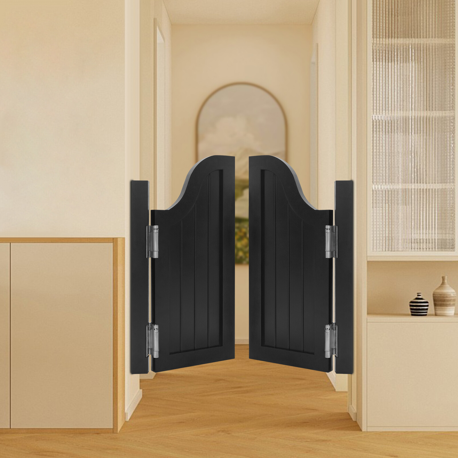 Modern Swing Solid Wood Door Vertical Stripe Partition Door 70x70cm Black