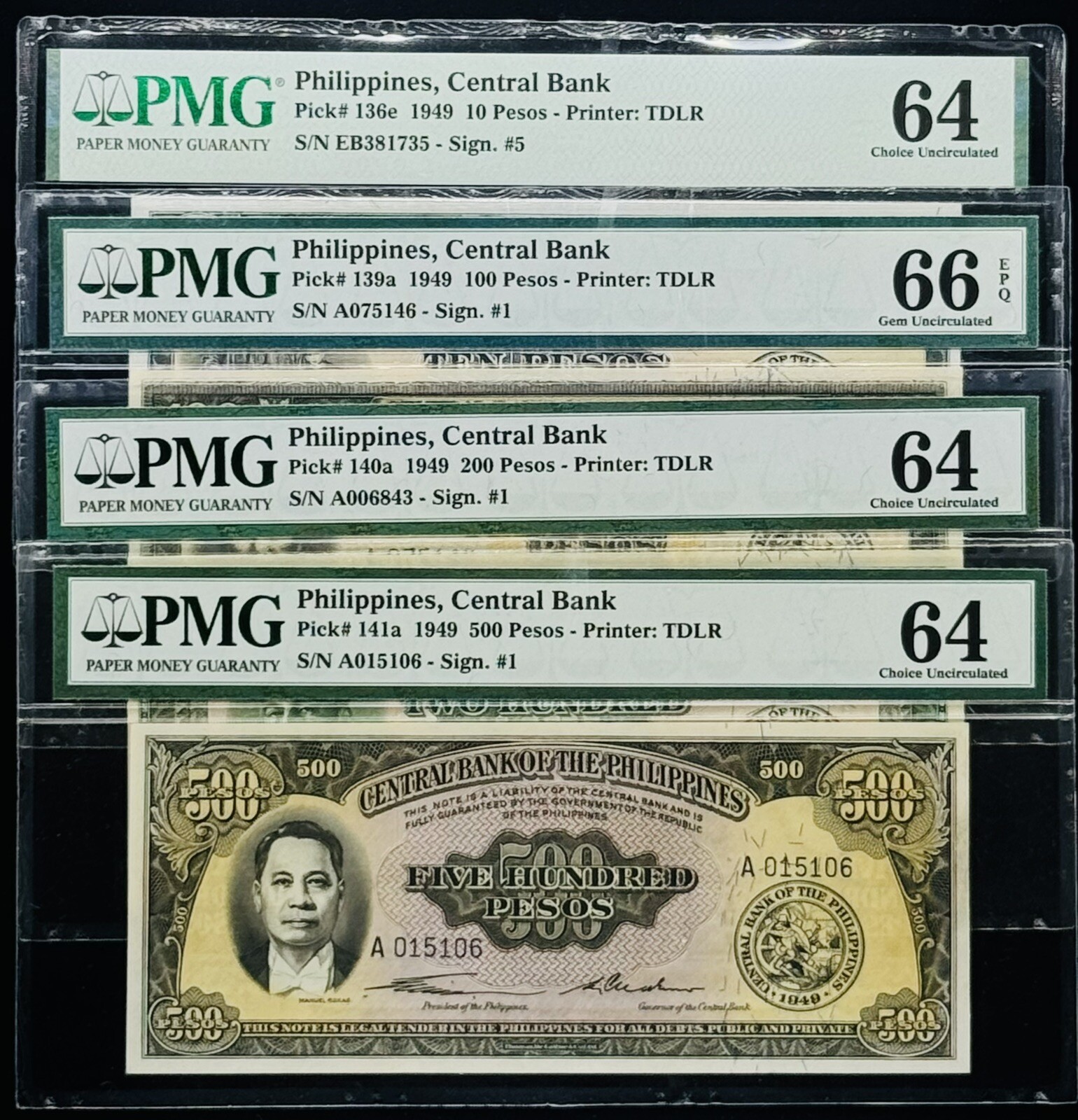 Philippine 10, 100, 200, 500 Pesos 1949 Pick# 136 -  141 PMG: 64, 66 UNC. PL2700