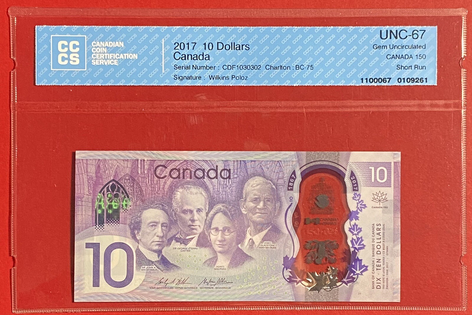 2017 Bank Of Canada 10$ Wilkins/Poloz Shotrun CDF1030302 - CCCS UNC67 -