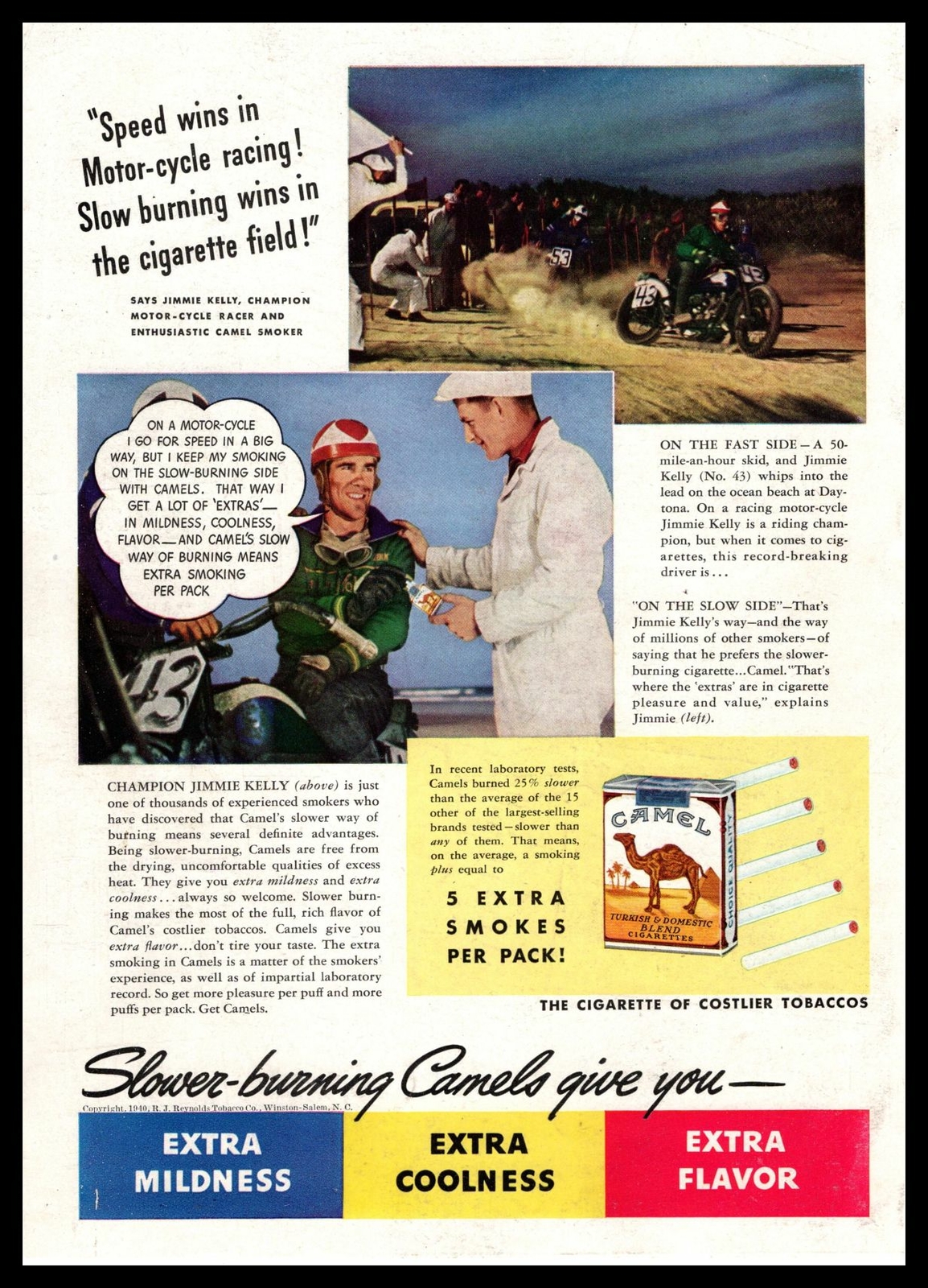 1940 Camel Cigarettes Jimmie Kelly Motorcycle Racer Datytona Beach FL Print Ad