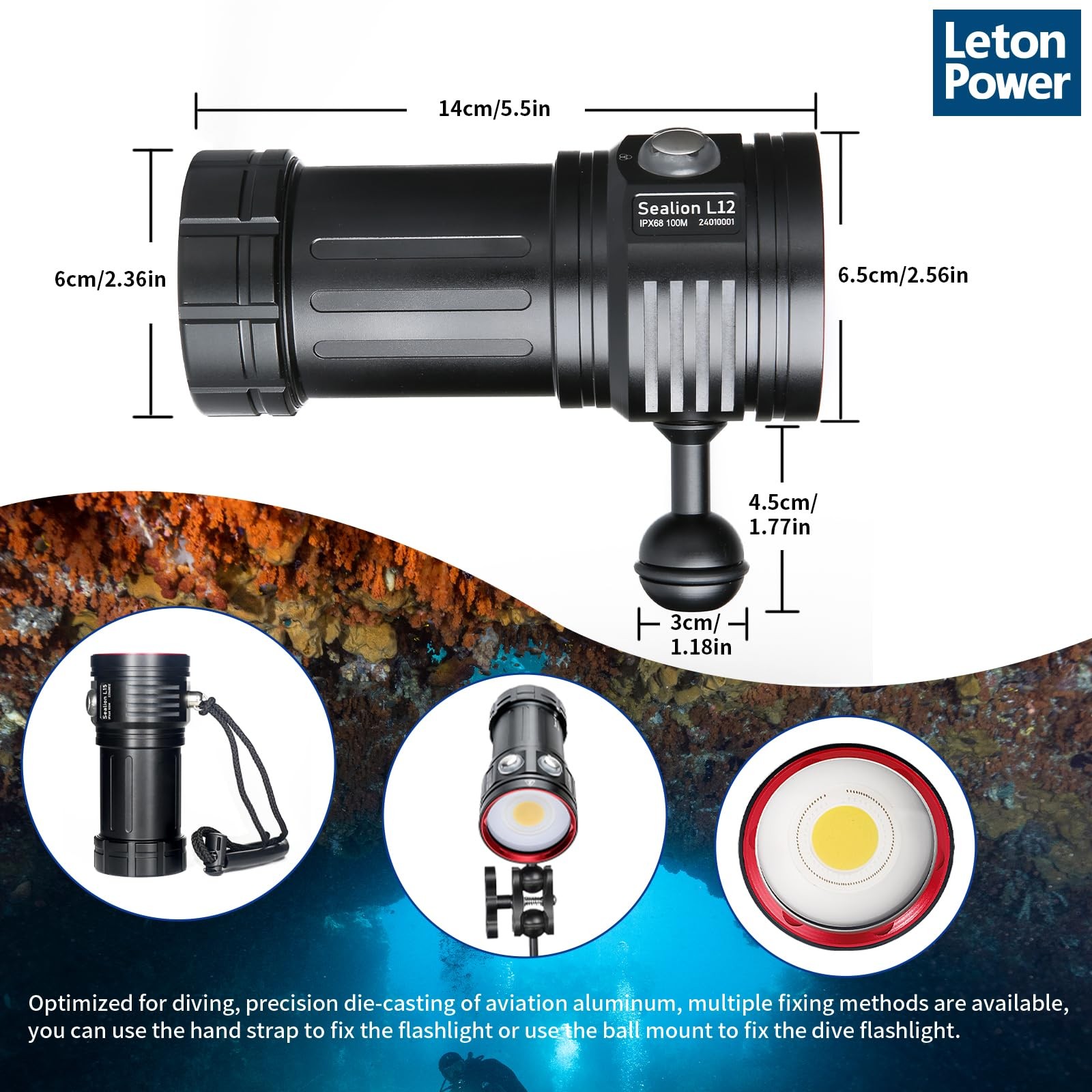 LetonPower Diving Flashlight, L12 8000Lumens Dive Light,100m L12, Sealion