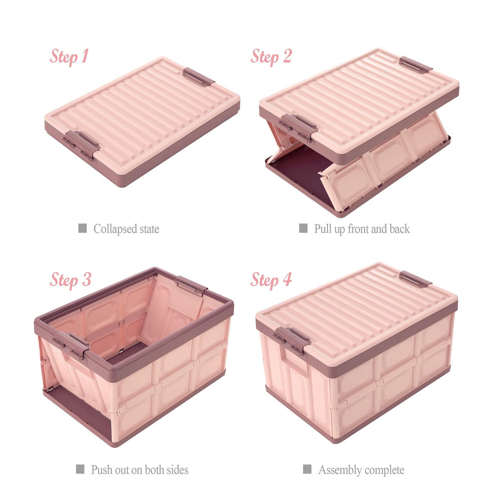 Pink Collapsible Storage Bins with Lids 2-Pack, Folding Plastic Stackable Uti...