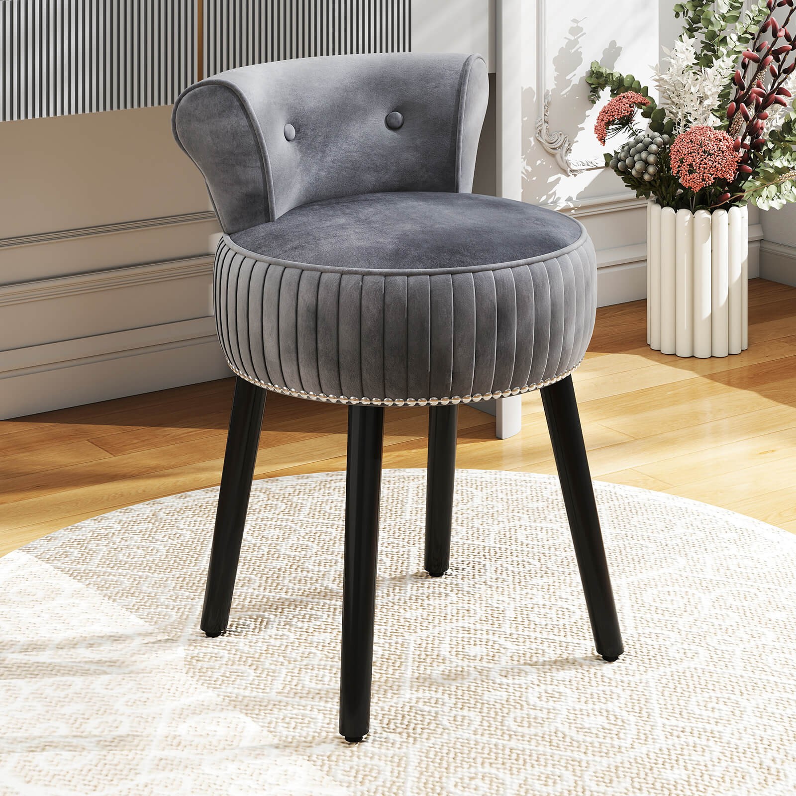 Velvet Vanity Chair with Back Tufted Low Back and Solid Wood Legs for Bedroom