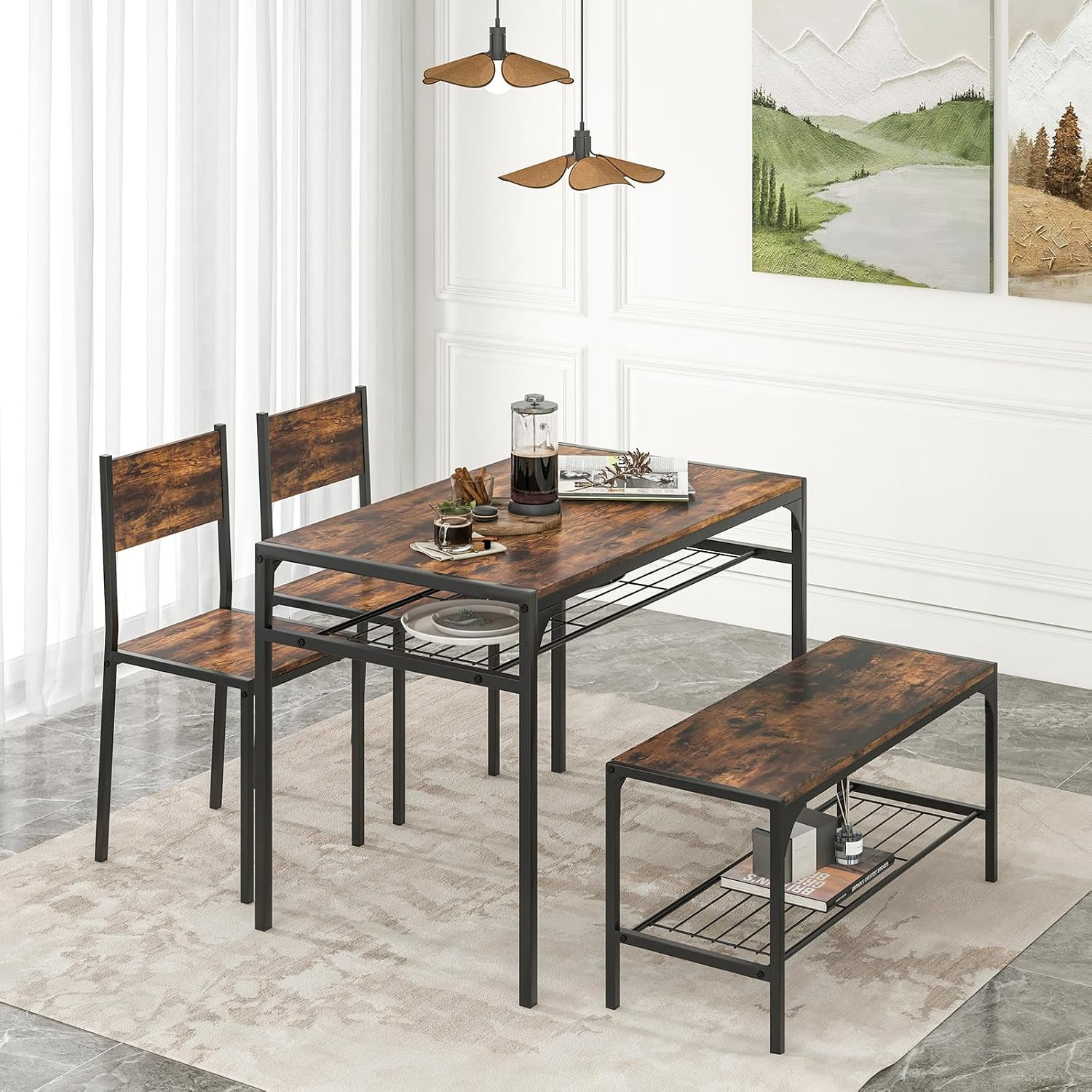 Dining Table Set for 4, Kitchen Table with Chairs & Bench, Storage Racks, Metal