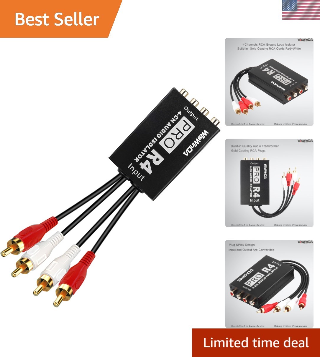 Durable 4-Channel RCA Ground Loop Isolator for Home & Car Audio Systems