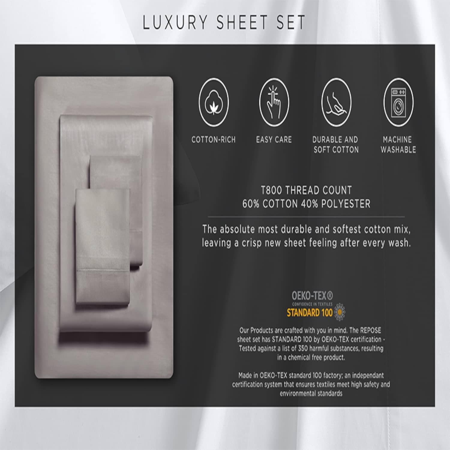 Luxury Sateen Cotton Pillow Case Set, 800 Thread Count, Soft & Smooth Ivory Stan