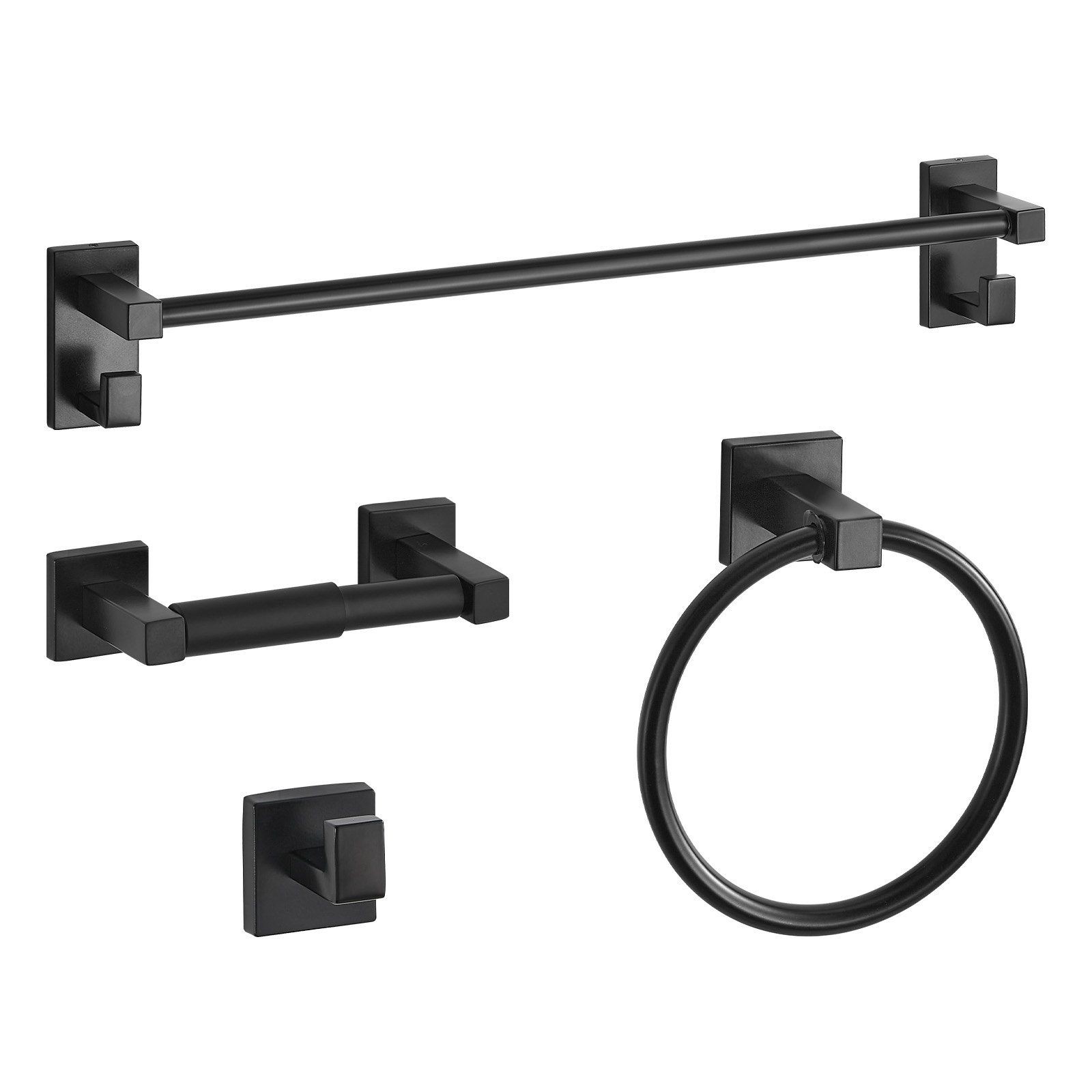 4 Piece Matte Black Bathroom Set Towel Bar Ring Hook Paper Holder 24 in