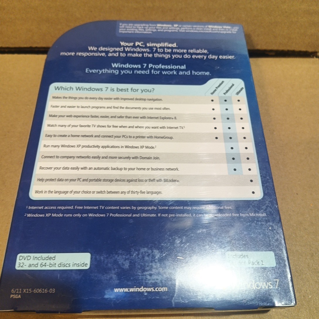 Microsoft Windows 7 Pro Professional 32 / 64bit Kit DVD Retail Box New Install