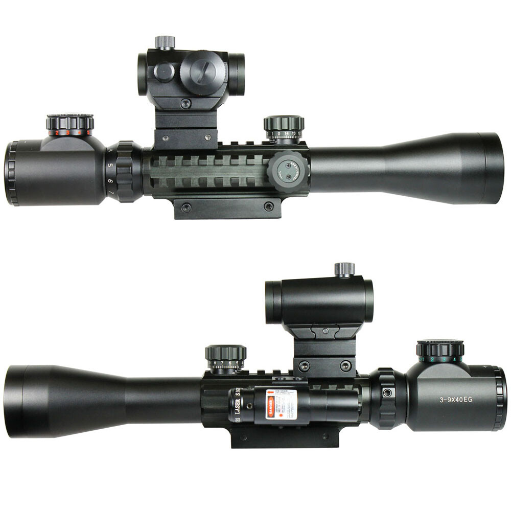 3-9X40 illuminated Rifle Scope + Red Laser Sight + Dot Sight with Rail Riser