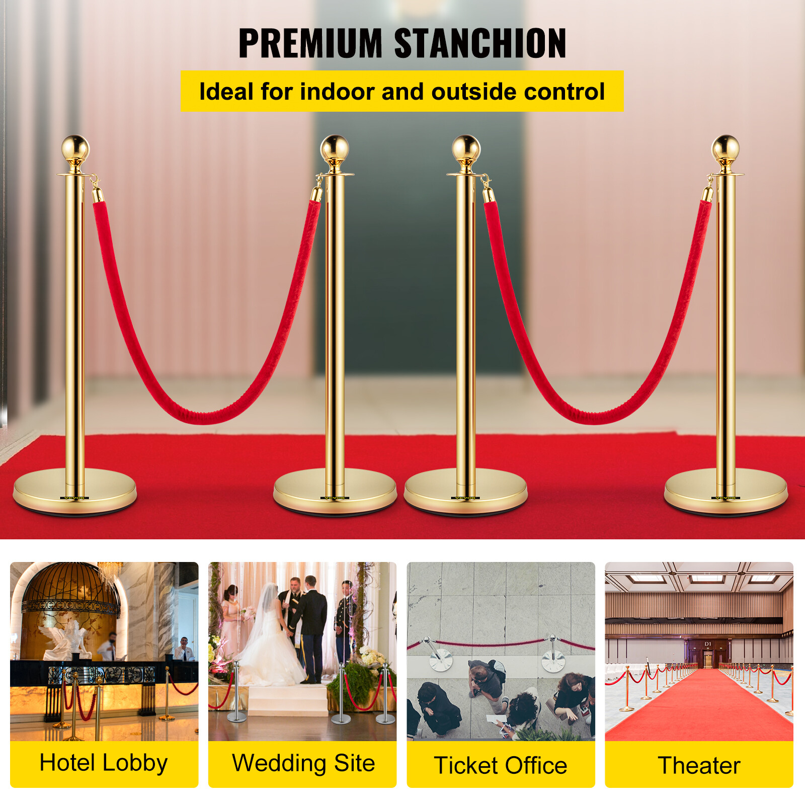 4PCs Crowd Control Stanchion Gold Posts Set w/ Red Velvet Rope Queue Barrier
