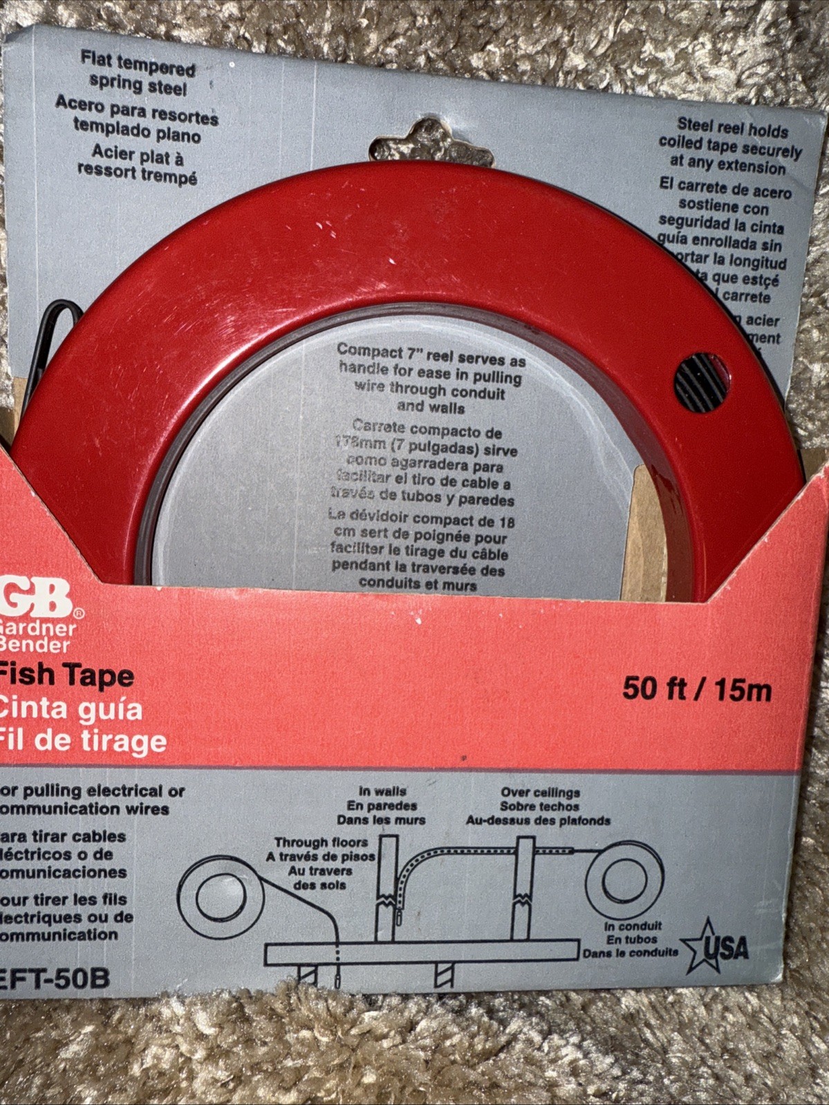 NEW GB EFT-50B Fish Tape 1/8" Tape Flat Steel Red 50FT Wire Cable Pulling Tool