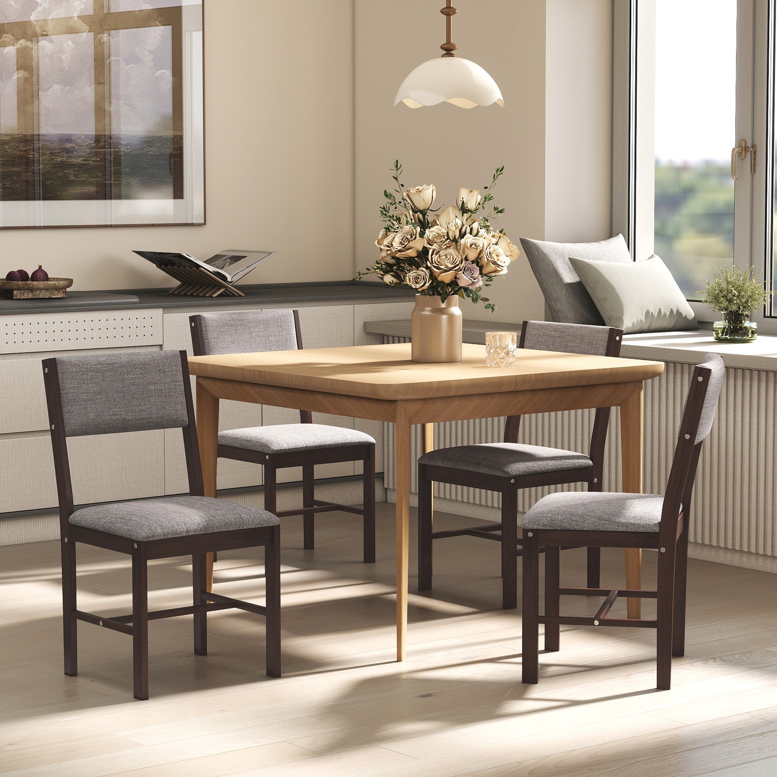 Dining Chairs Set of 4, Linen Upholstered Kitchen Chairs, Gray
