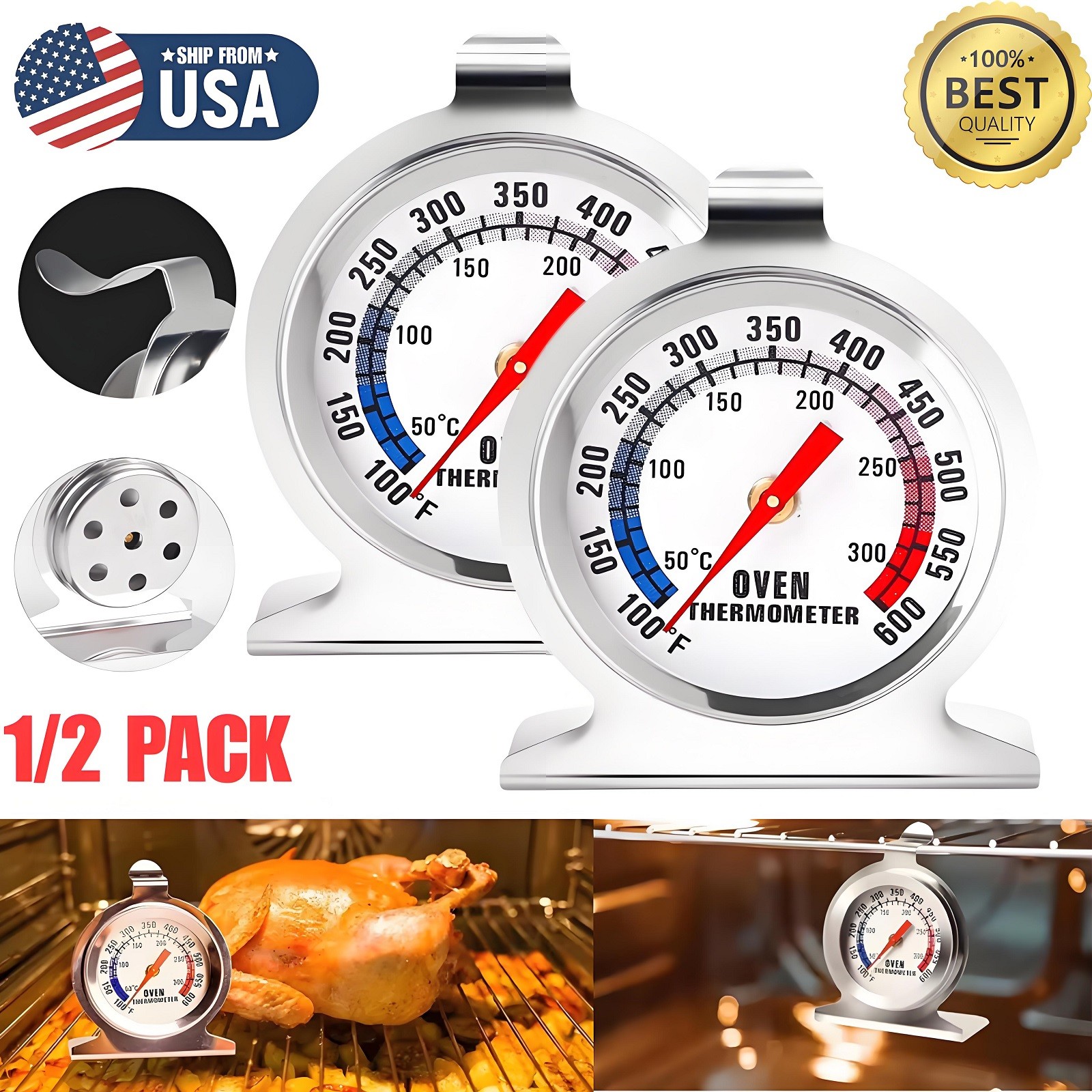 2× Oven Thermometer Kitchen Oven Grill Fry Chef Smoker Thermometer 100-600°F USA