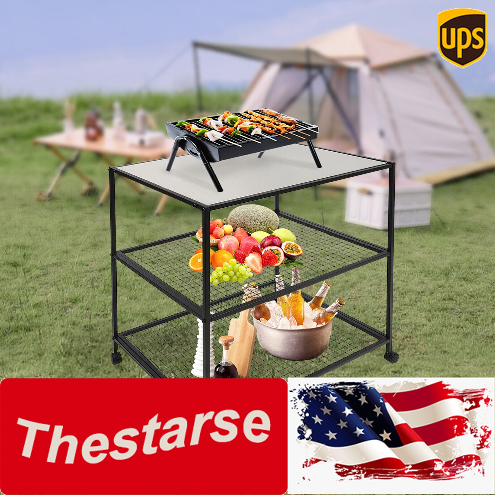 Movable Dining Cart Outdoor BBQ Food Prep Table Kitchen Serving Table 3 Tier
