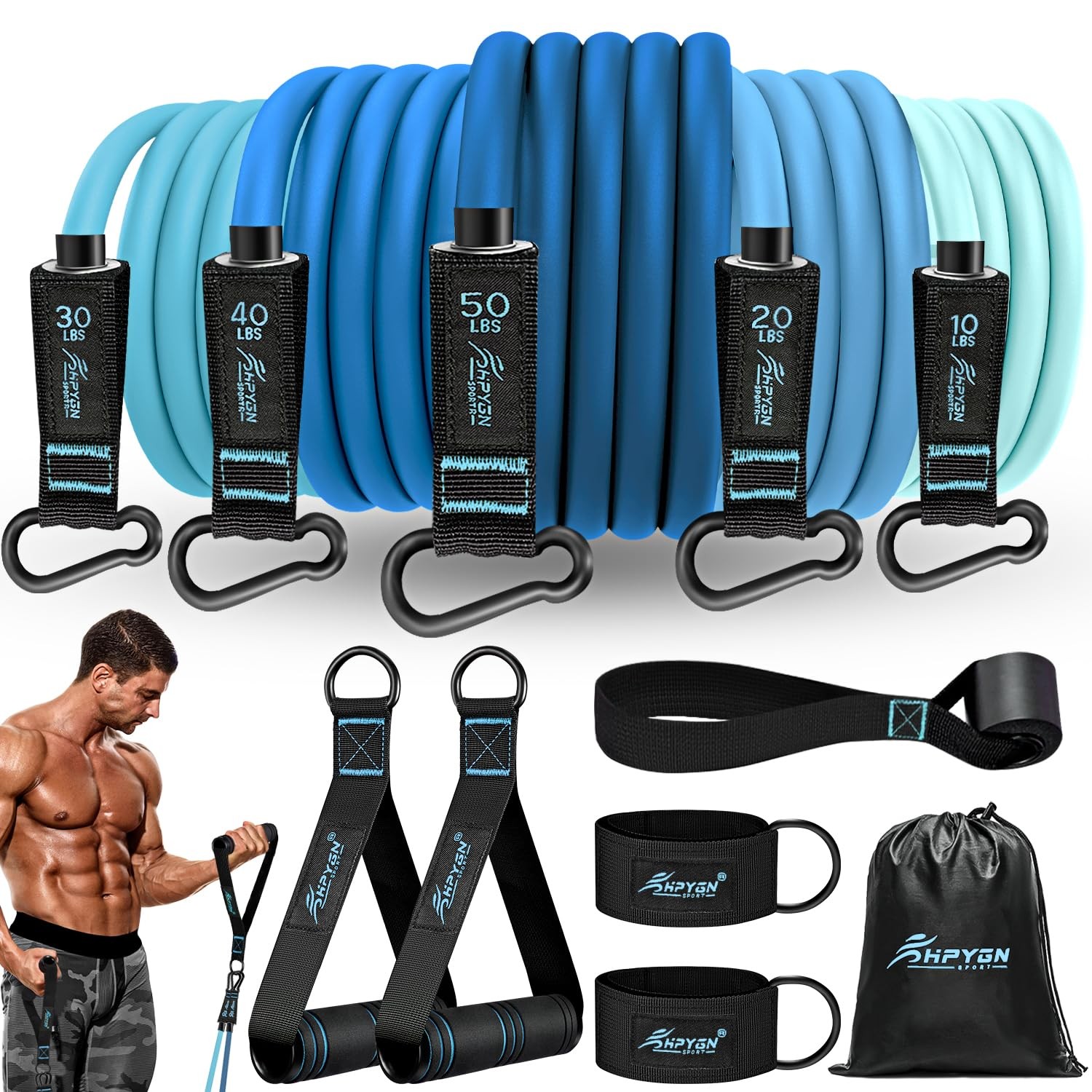 HPYGN Exercise Bands with Handles, 150lbs Weight Workout for Men, blue