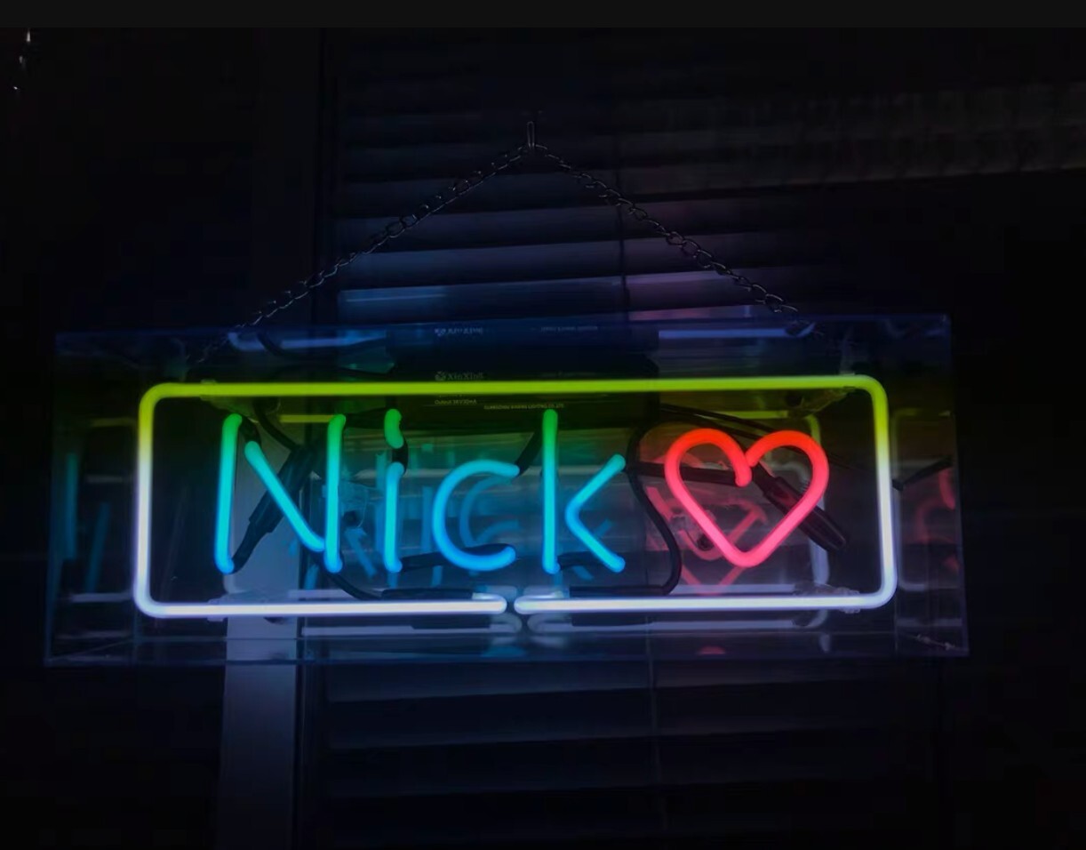 Nick Heart Love Neon Sign 14"x5" Acrylic Box Light Lamp Gift Artwork UX