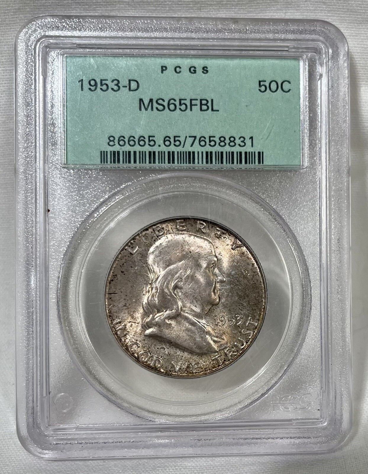 1953-D PCGS MS65FBL Franklin Silver Half Dollar. Green Holder! Full Bell Lines