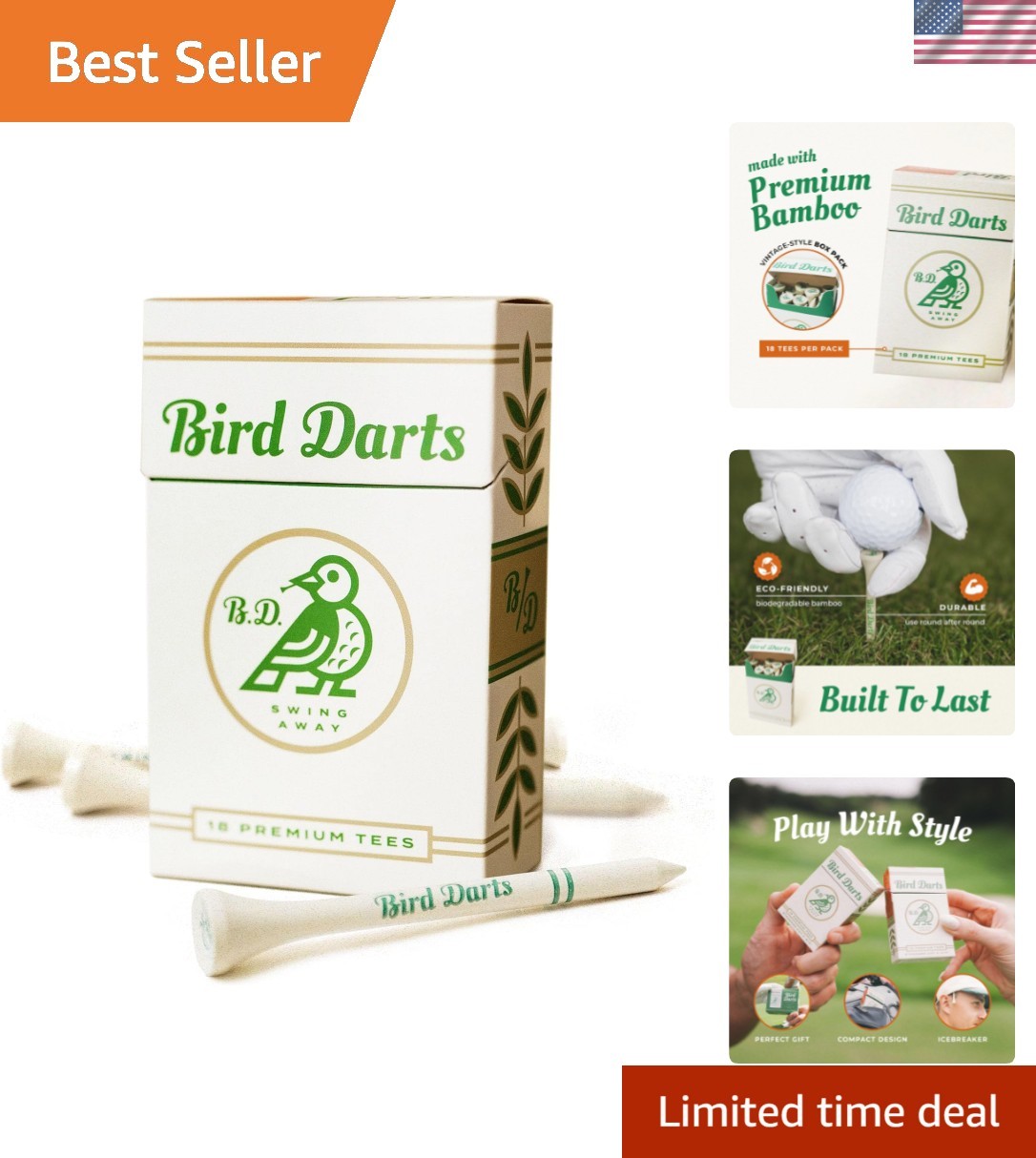 Bamboo Wood Golf Tees, 18/72/180 Units Packs of 18, 2 ¾ Golf Tees in Cigarett...