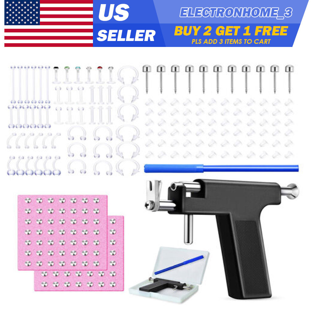 54-195PCS Professional Ear Piercing Gun Tool Kit with Steel Studs & Clear Rings