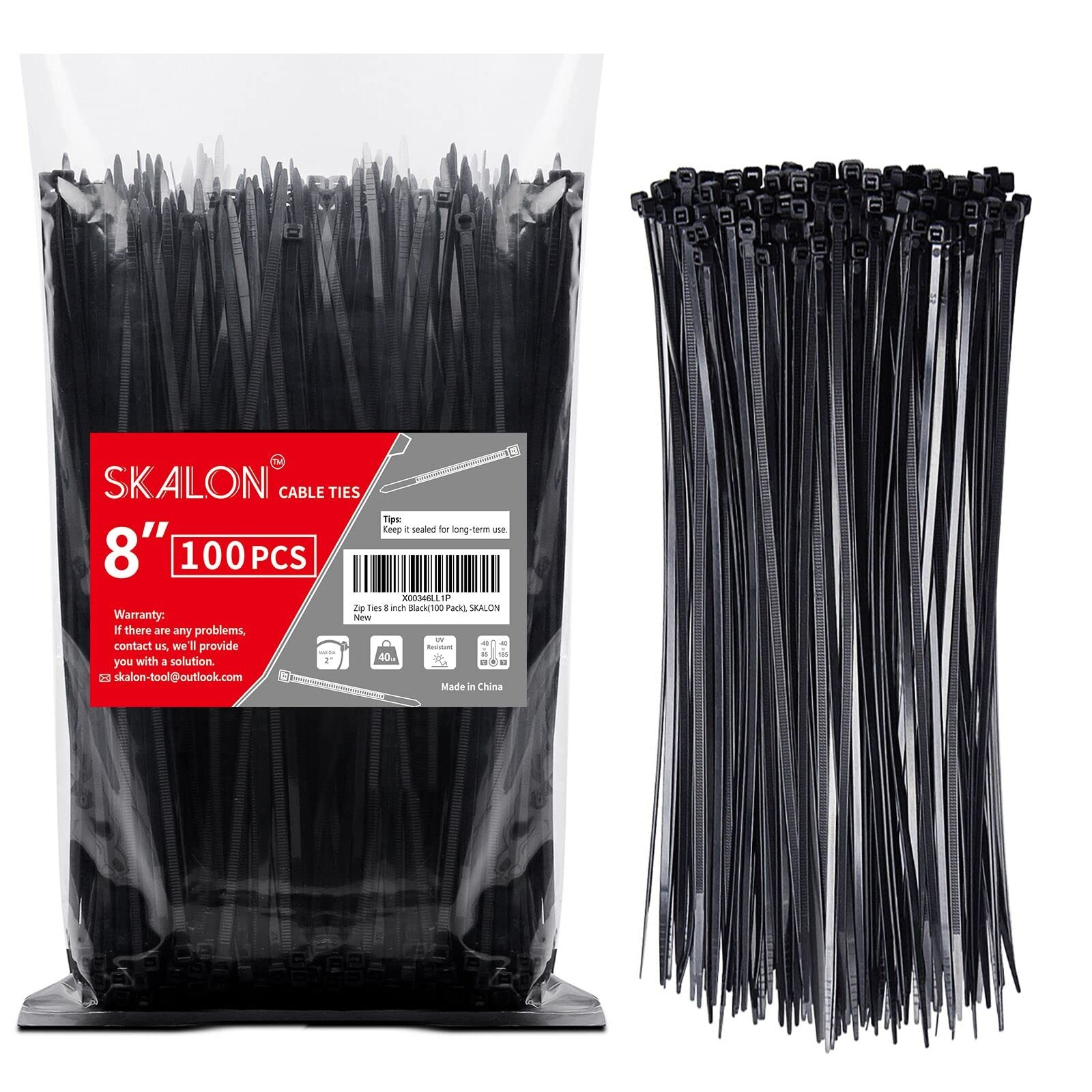 8 Inch Zip Ties 100 Pack Black 40lbs Tensile Strength for Indoor Outdoor Use