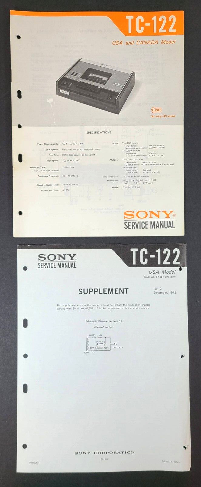 Sony TC-122 Cassette-Corder Original Factory Service Guide Manual W/Supplement