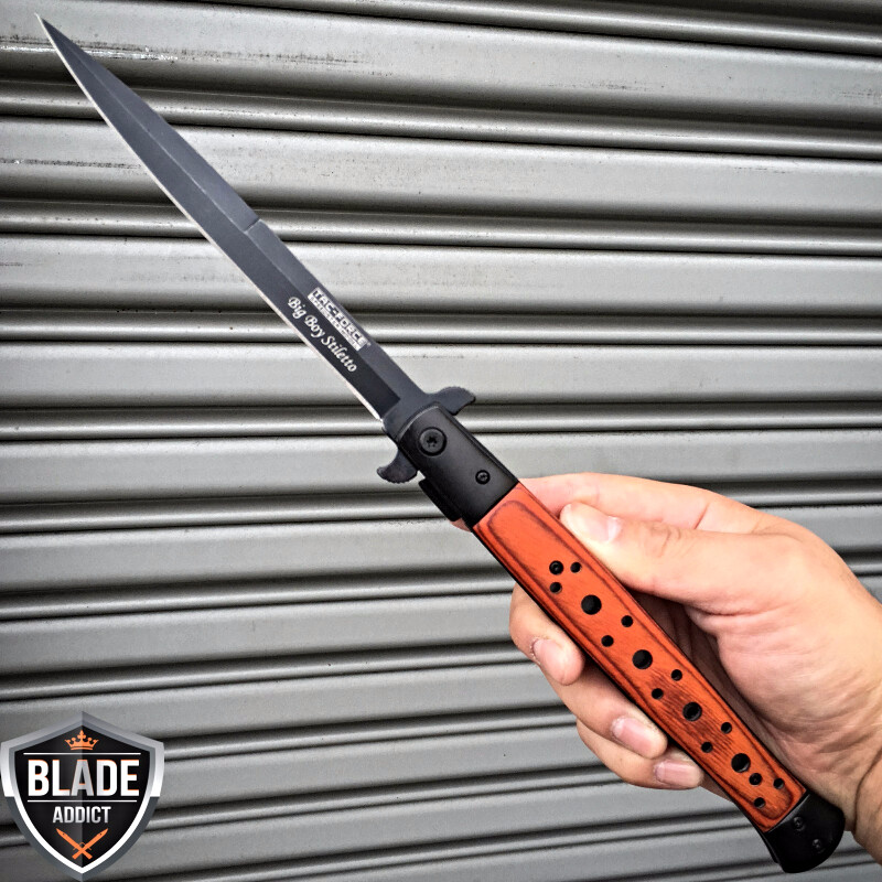 12.5" STILETTO WOOD TAC FORCE SPRING ASSISTED FOLDING KNIFE Blade Pocket Open